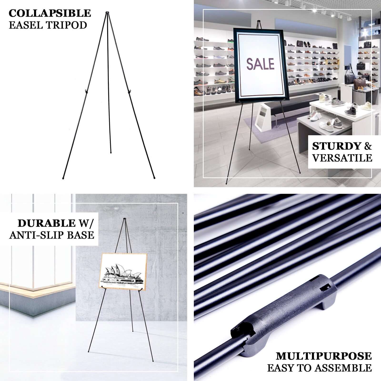 Black Metal Sign Holder Easel Stand, Collapsible Tripod Stand 65" - Image 4