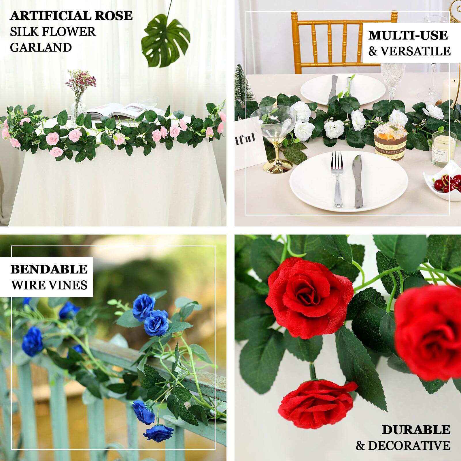 20 Burgundy Artificial Silk Roses Flower Garland, Hanging Vine 6ft - Image 4