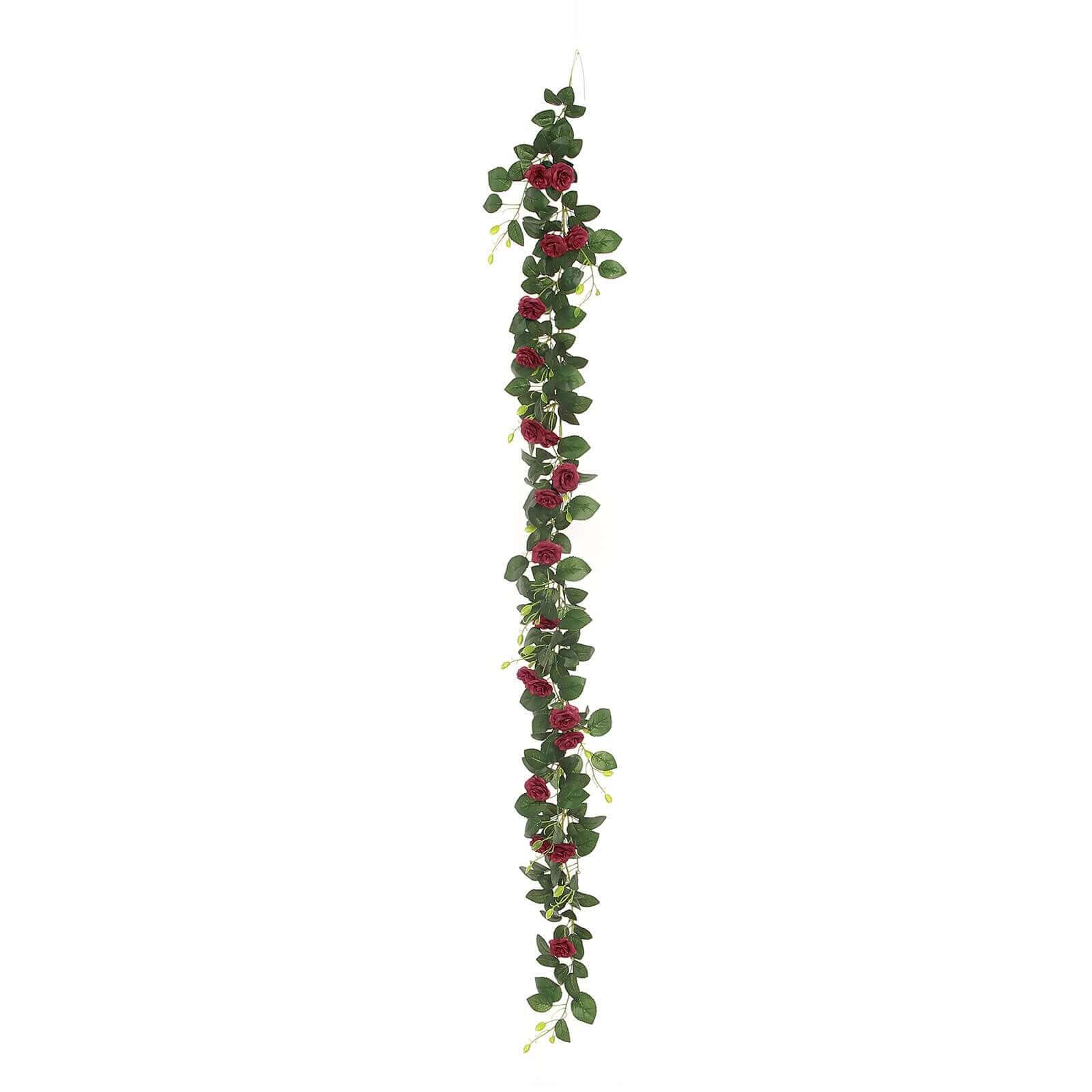 20 Burgundy Artificial Silk Roses Flower Garland, Hanging Vine 6ft - Image 7