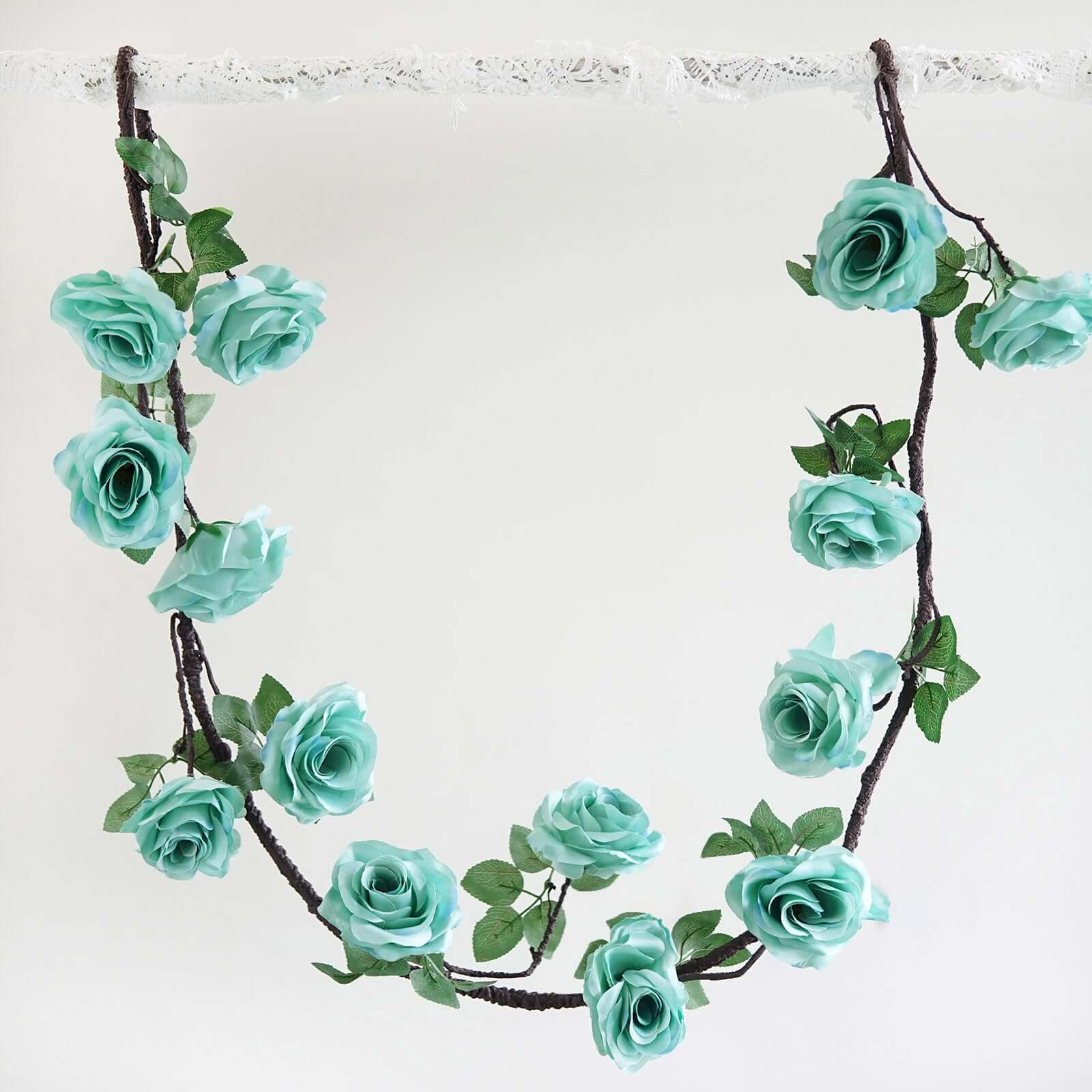 Aqua/Turquoise Artificial Silk Rose Hanging Flower Garland Vine 6ft - Image 6