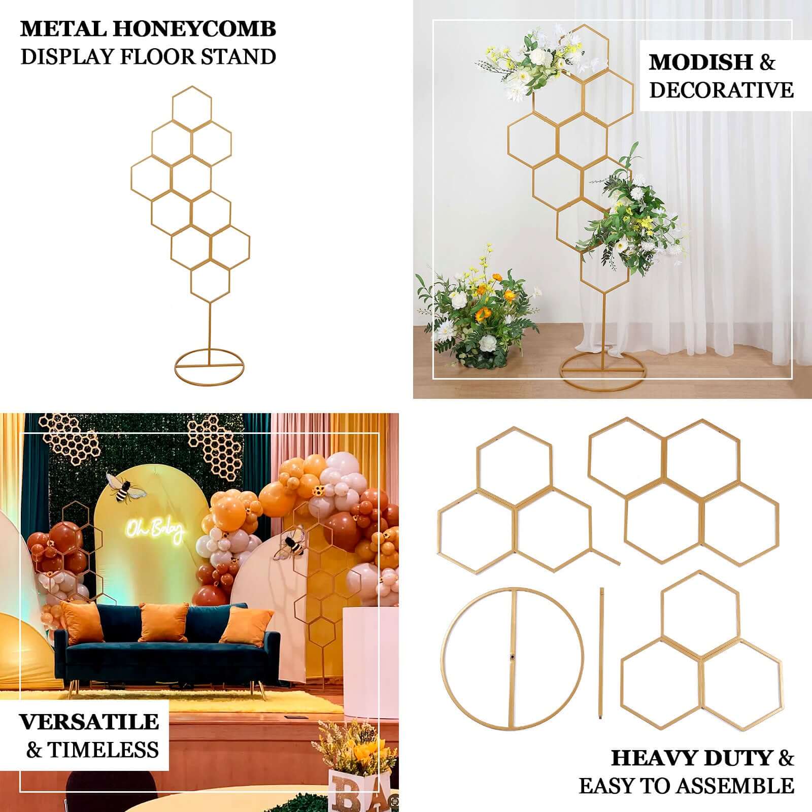 Gold Metal Honeycomb Floor Standing Balloon Display Arch, Wedding Flower Frame Backdrop Stand 6ft - Image 4