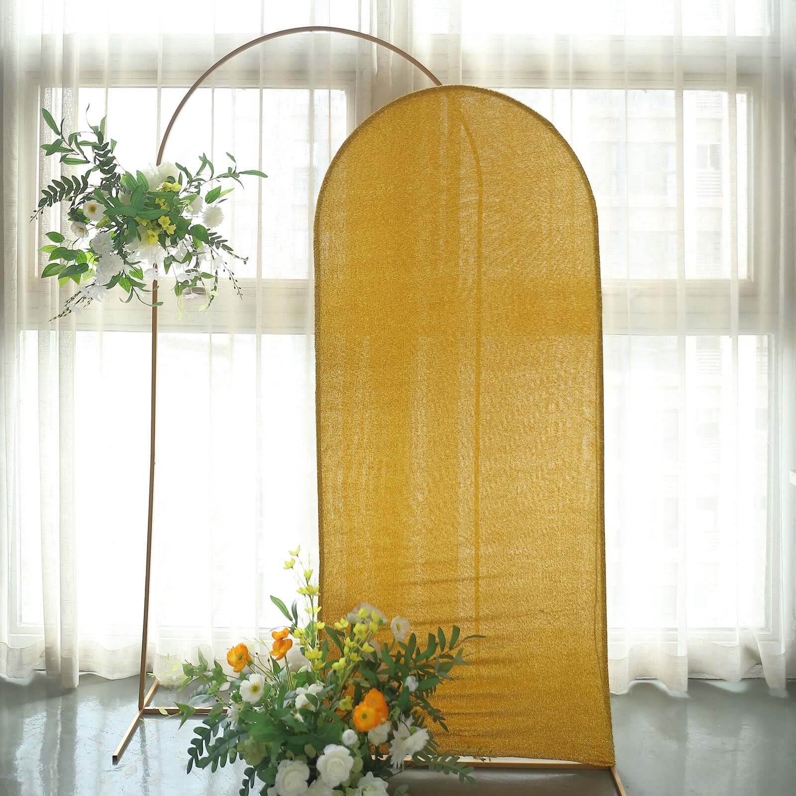 Gold Shimmer Tinsel Spandex Wedding Arch Cover For Fitted Round Top Chiara Backdrop Stand 6ft - Image 5