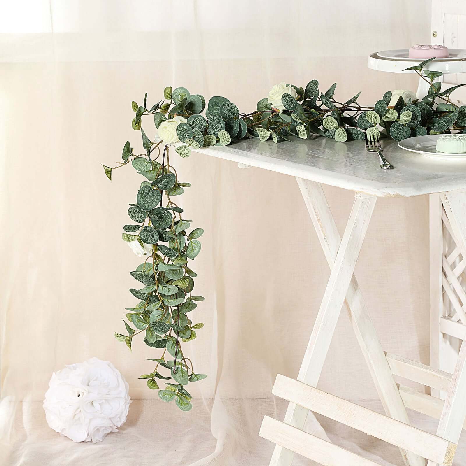 Green/Ivory Artificial Eucalyptus Leaf, Rose Flower Garland Vine 6ft - Image 2