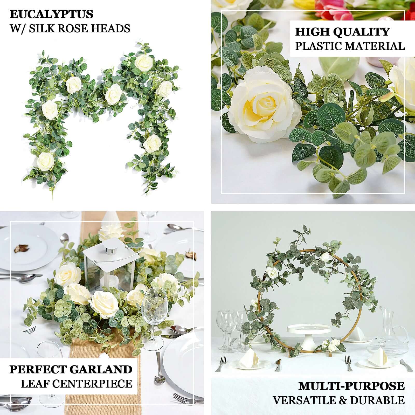 Green/Ivory Artificial Eucalyptus Leaf, Rose Flower Garland Vine 6ft - Image 4