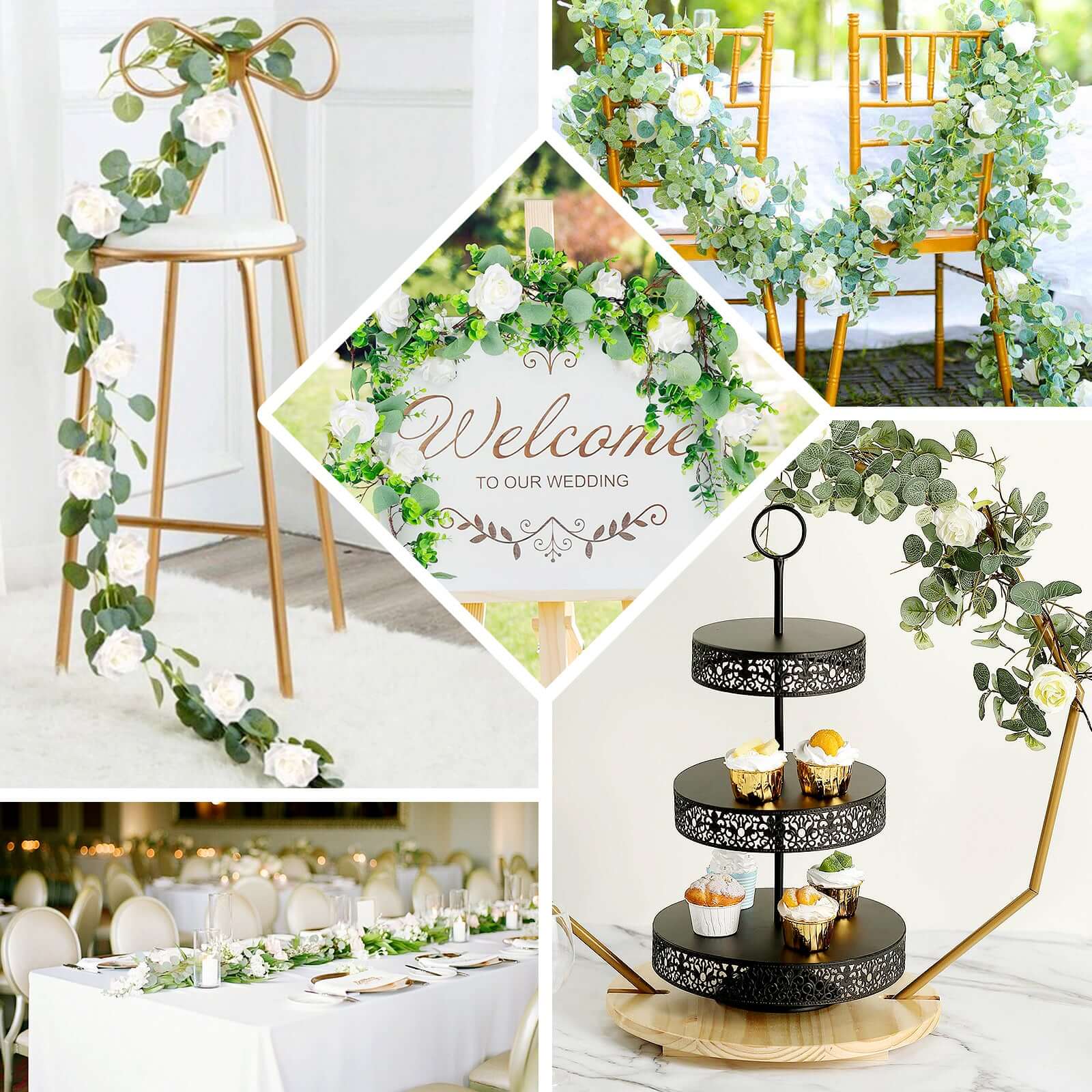 Green/Ivory Artificial Eucalyptus Leaf, Rose Flower Garland Vine 6ft - Image 5