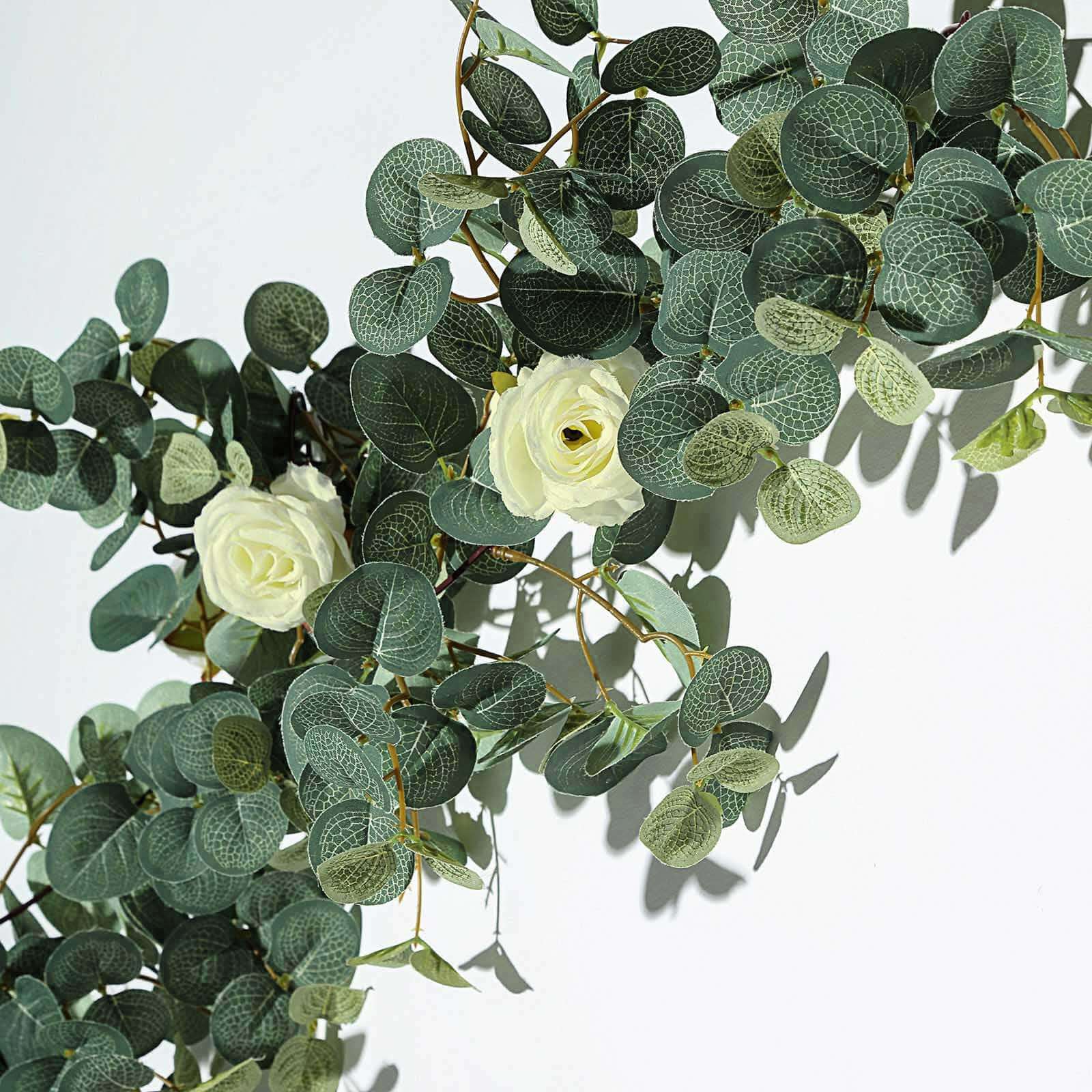 Green/Ivory Artificial Eucalyptus Leaf, Rose Flower Garland Vine 6ft - Image 7