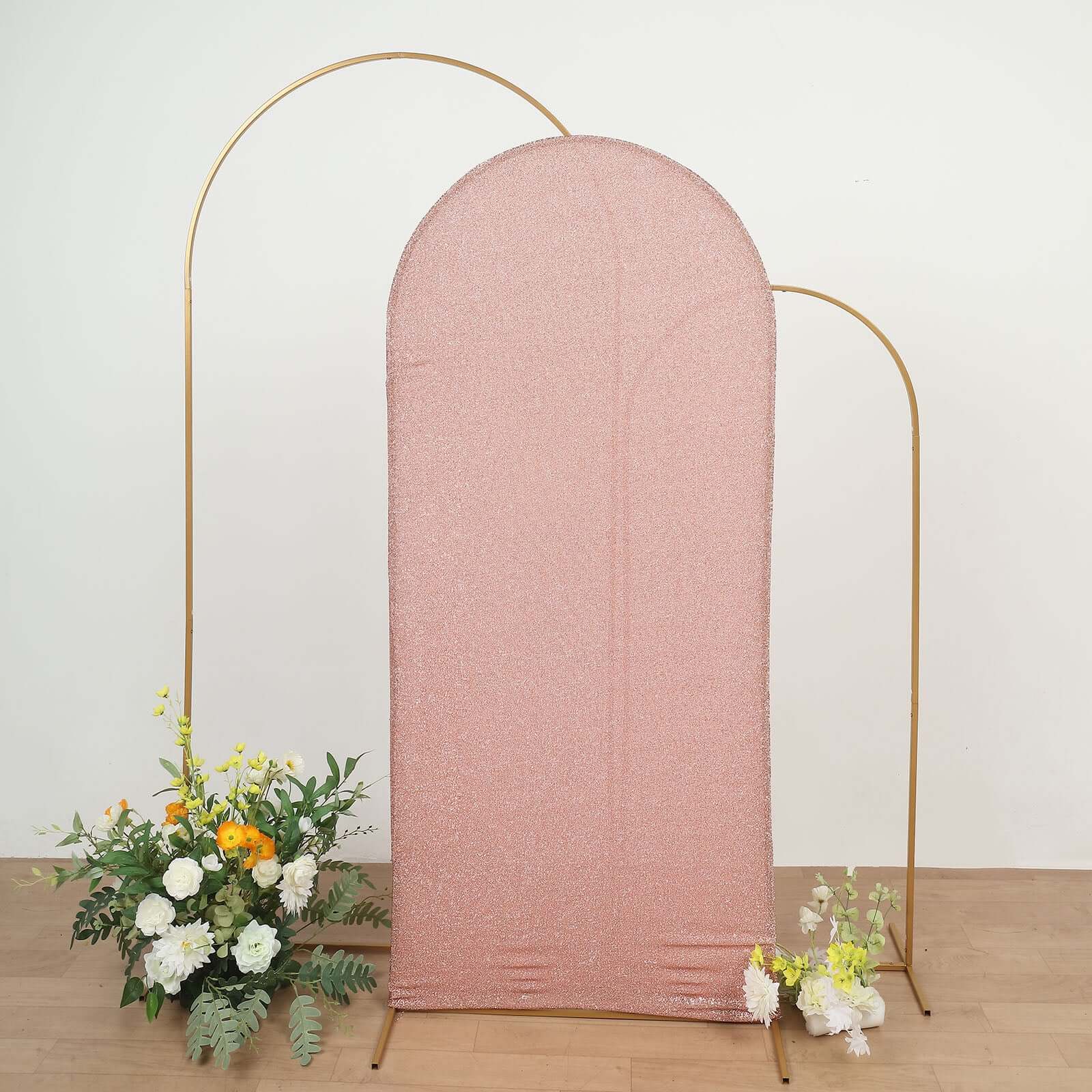 Rose Gold Shimmer Tinsel Spandex Wedding Arch Cover For Fitted Round Top Chiara Backdrop Stand 6ft