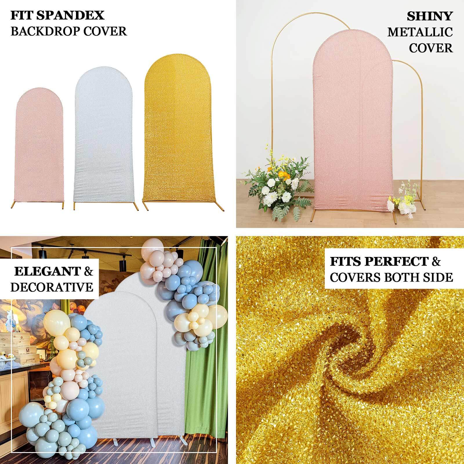 Rose Gold Shimmer Tinsel Spandex Wedding Arch Cover For Fitted Round Top Chiara Backdrop Stand 6ft - Image 4