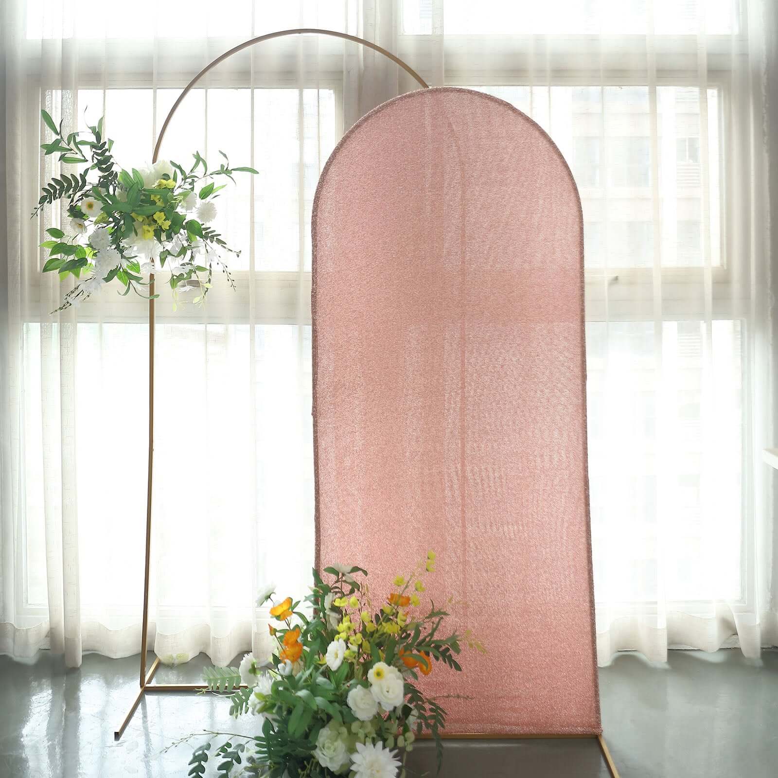 Rose Gold Shimmer Tinsel Spandex Wedding Arch Cover For Fitted Round Top Chiara Backdrop Stand 6ft - Image 5