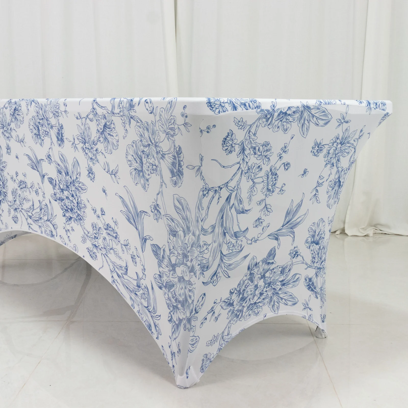 Spandex Fitted Rectangle Tablecloth 6ft – White & Blue French Toile Wrinkle-Free Stretch Table Cover - Image 2