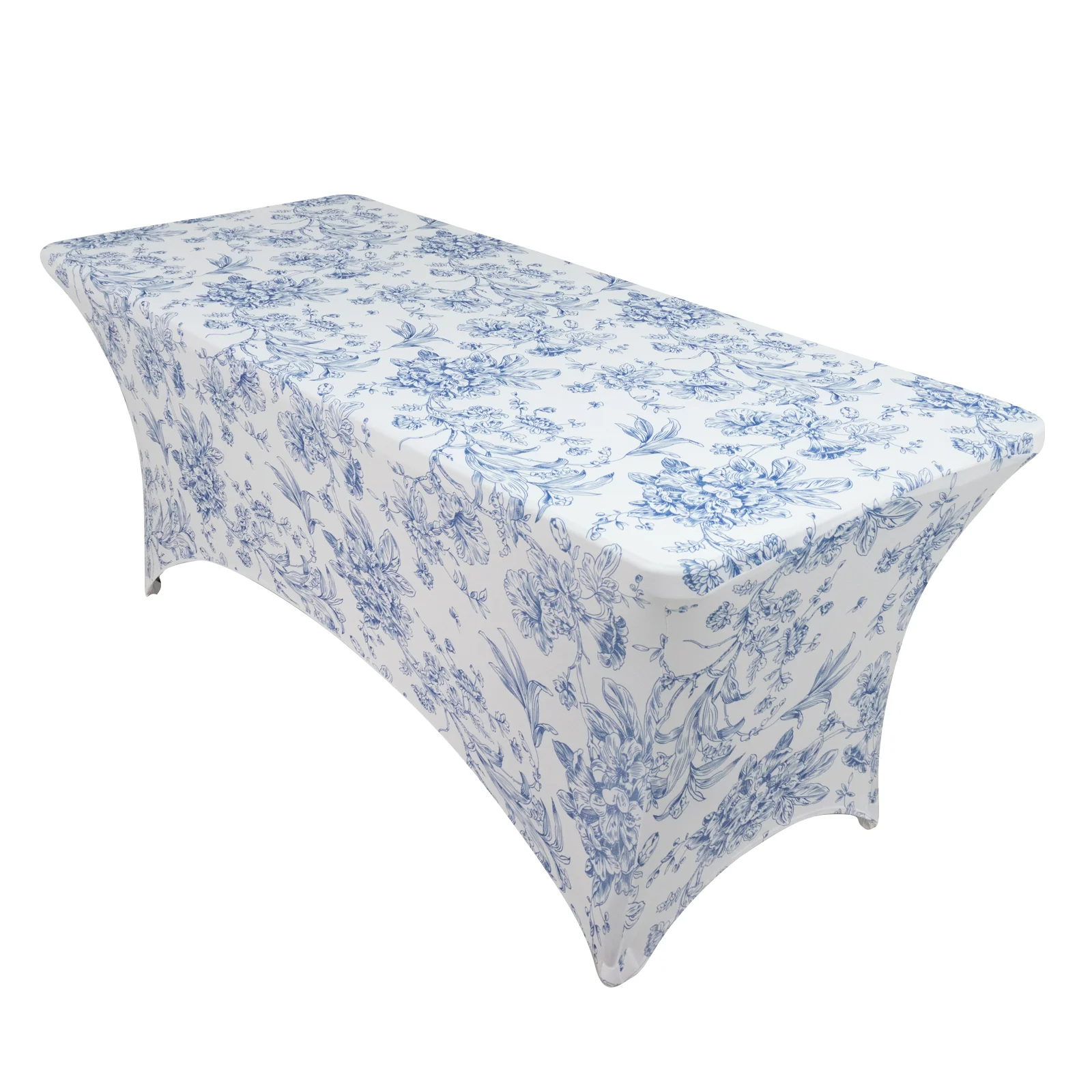 Spandex Fitted Rectangle Tablecloth 6ft – White & Blue French Toile Wrinkle-Free Stretch Table Cover - Image 3