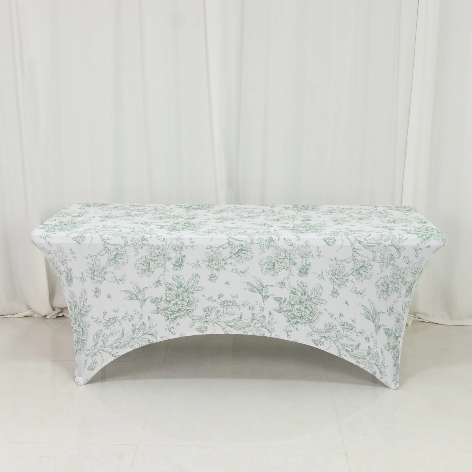 Spandex Fitted Rectangle Tablecloth 6ft – White & Dusty Sage Green French Toile Wrinkle-Free Stretch Table Cover