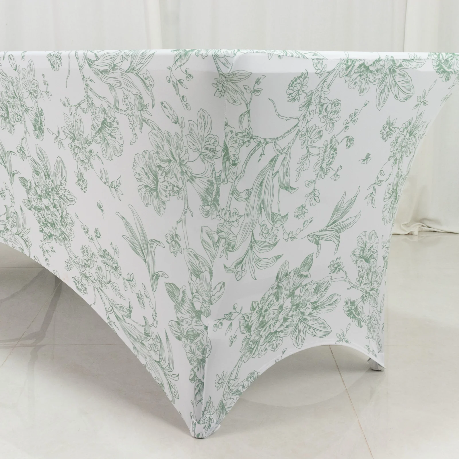 Spandex Fitted Rectangle Tablecloth 6ft – White & Dusty Sage Green French Toile Wrinkle-Free Stretch Table Cover - Image 2