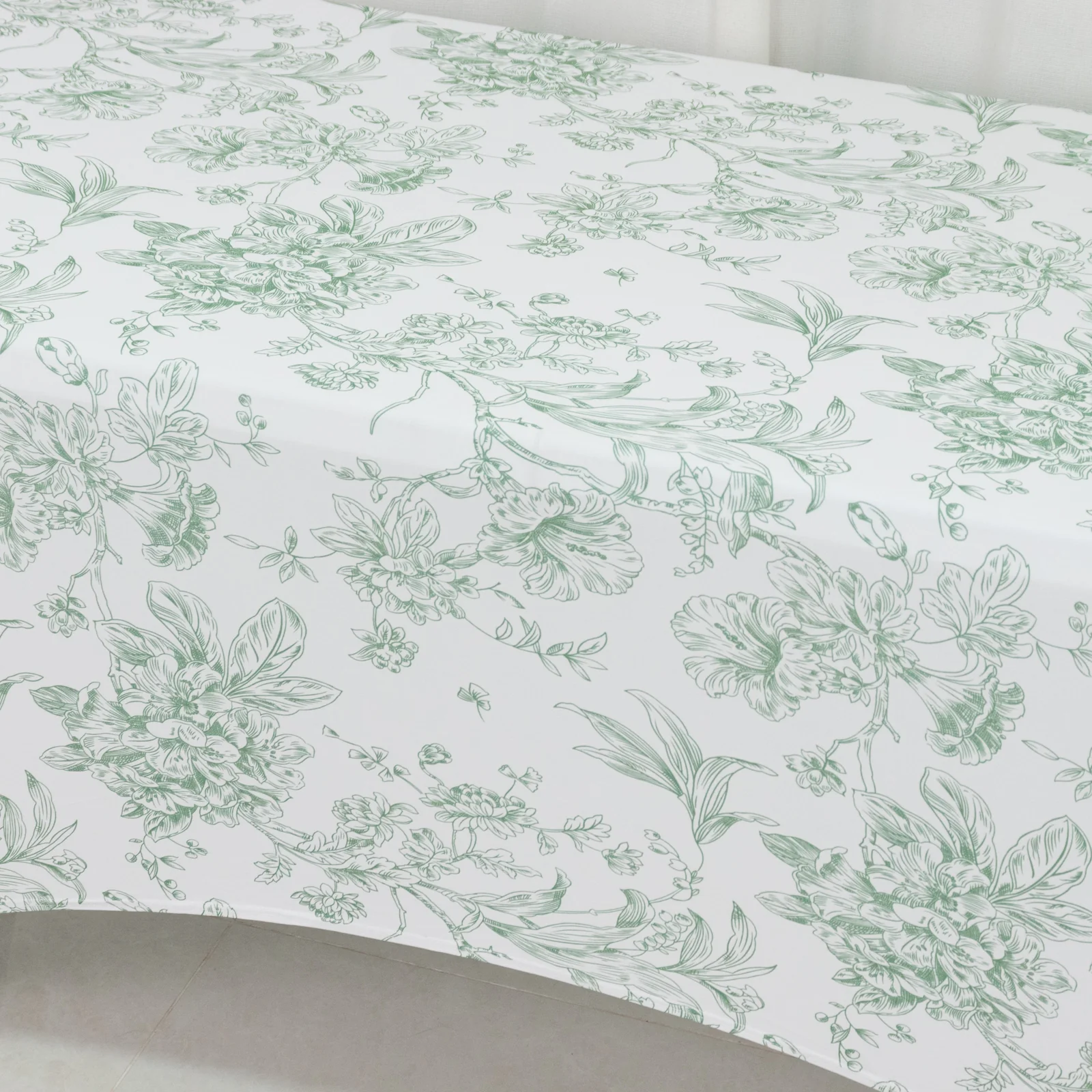 Spandex Fitted Rectangle Tablecloth 6ft – White & Dusty Sage Green French Toile Wrinkle-Free Stretch Table Cover - Image 4