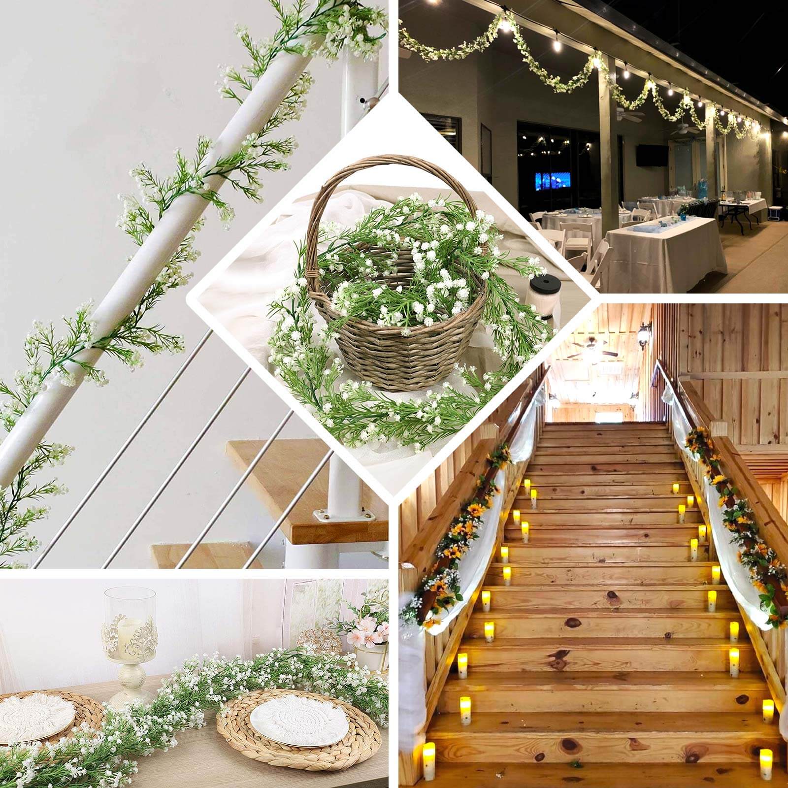 White Artificial Silk Gypsophila Table Flower Garland, Faux Baby Breath Hanging Flower Vines 6ft - Image 5