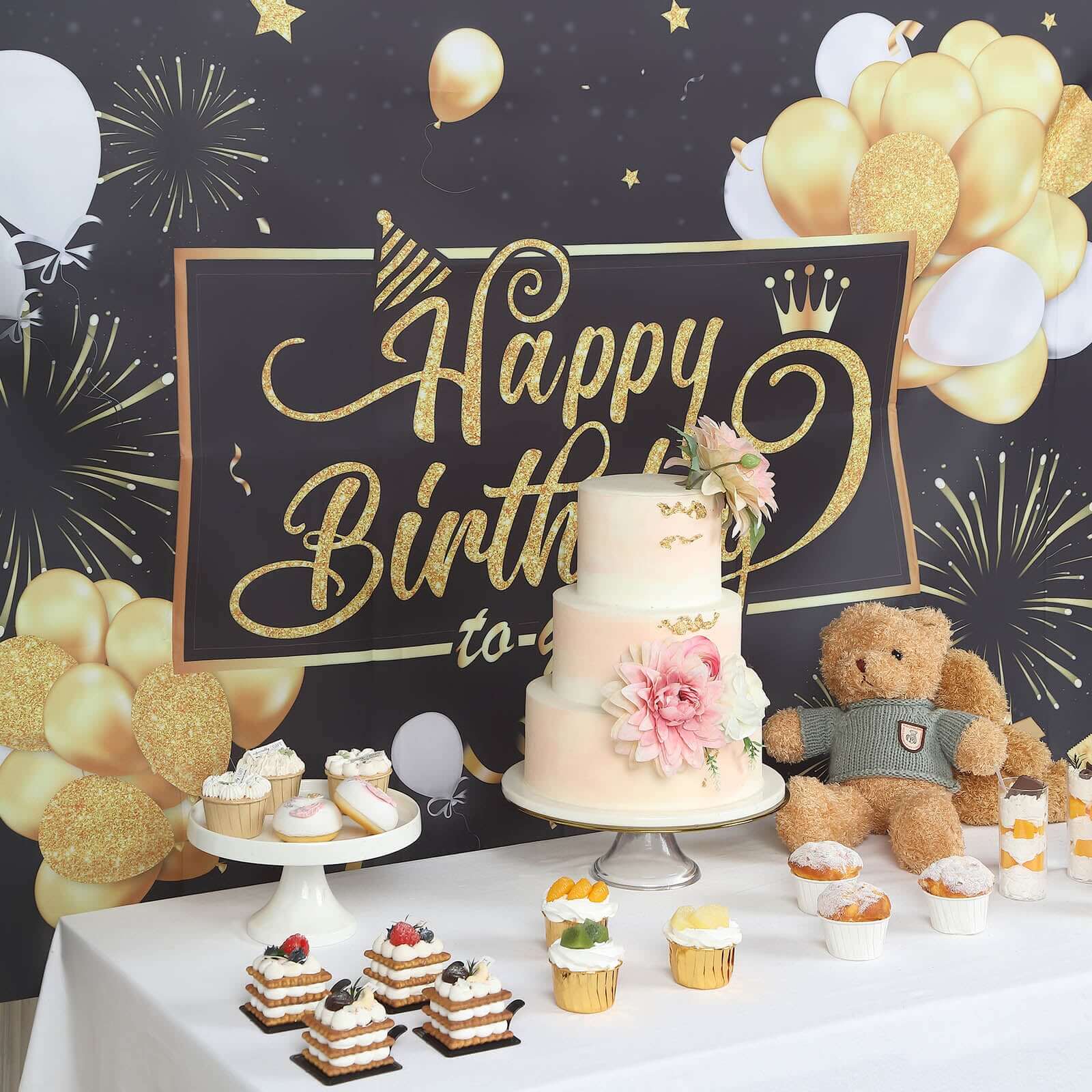 Black / Gold Happy Birthday Photo Booth Backdrop Decoration, Large Polyester Background Banner 6ftx3ft - Image 12