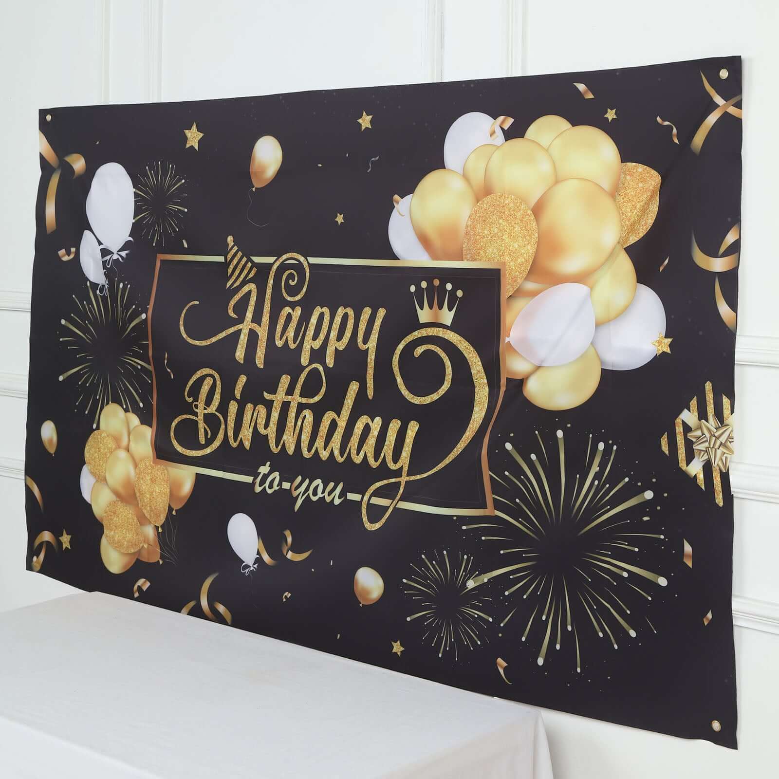 Black / Gold Happy Birthday Photo Booth Backdrop Decoration, Large Polyester Background Banner 6ftx3ft - Image 13