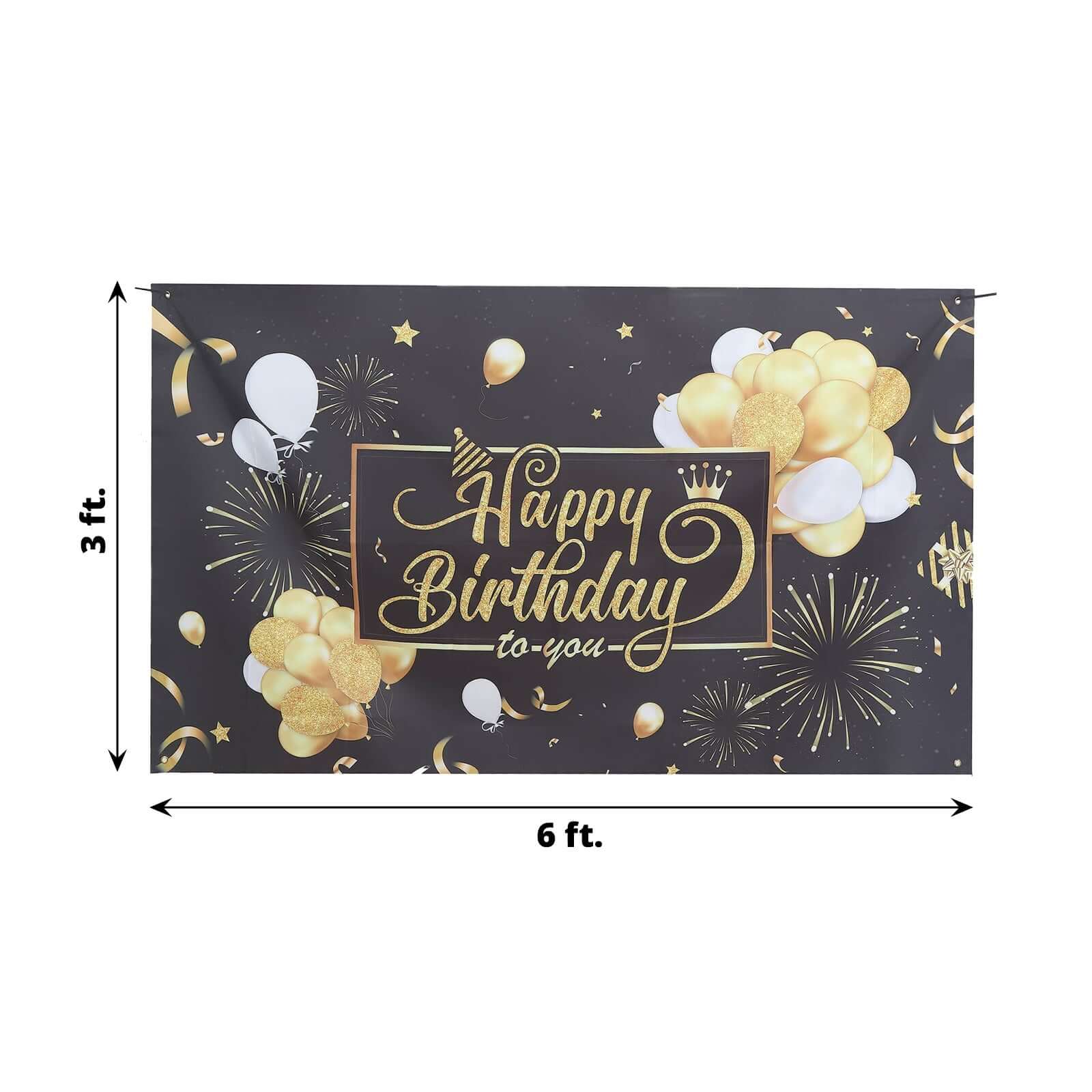 Black / Gold Happy Birthday Photo Booth Backdrop Decoration, Large Polyester Background Banner 6ftx3ft - Image 3
