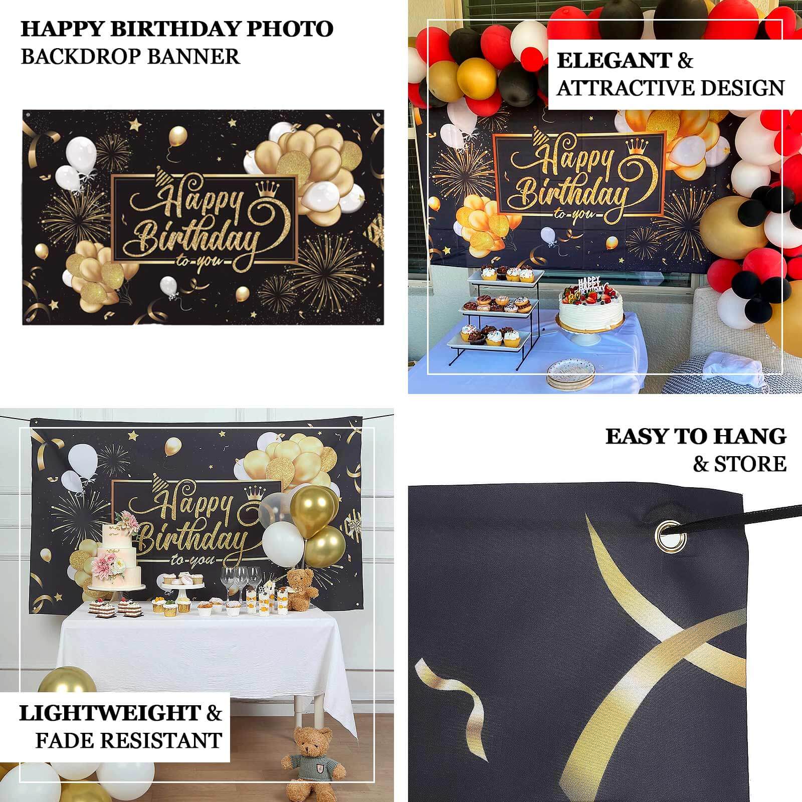 Black / Gold Happy Birthday Photo Booth Backdrop Decoration, Large Polyester Background Banner 6ftx3ft - Image 4