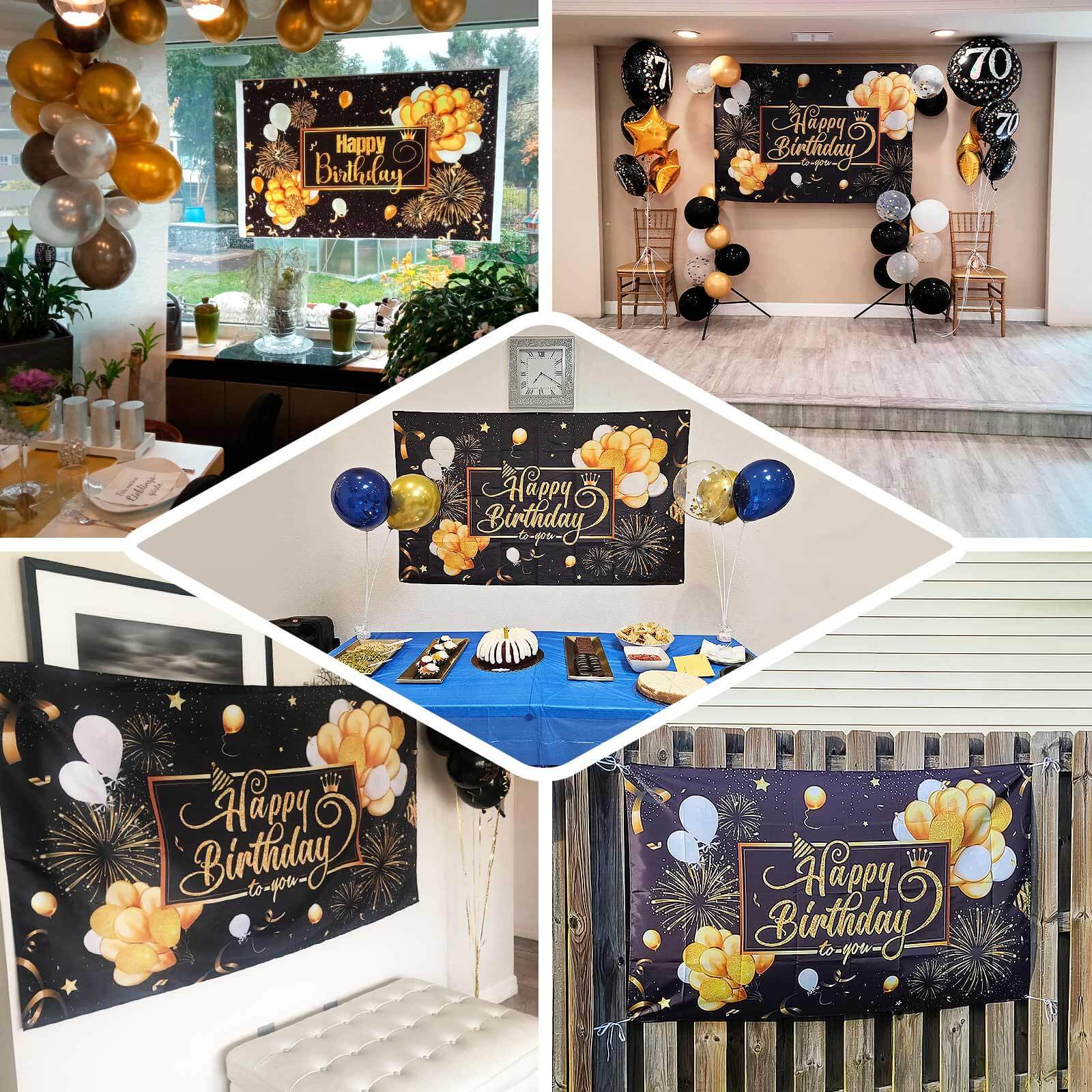 Black / Gold Happy Birthday Photo Booth Backdrop Decoration, Large Polyester Background Banner 6ftx3ft - Image 5