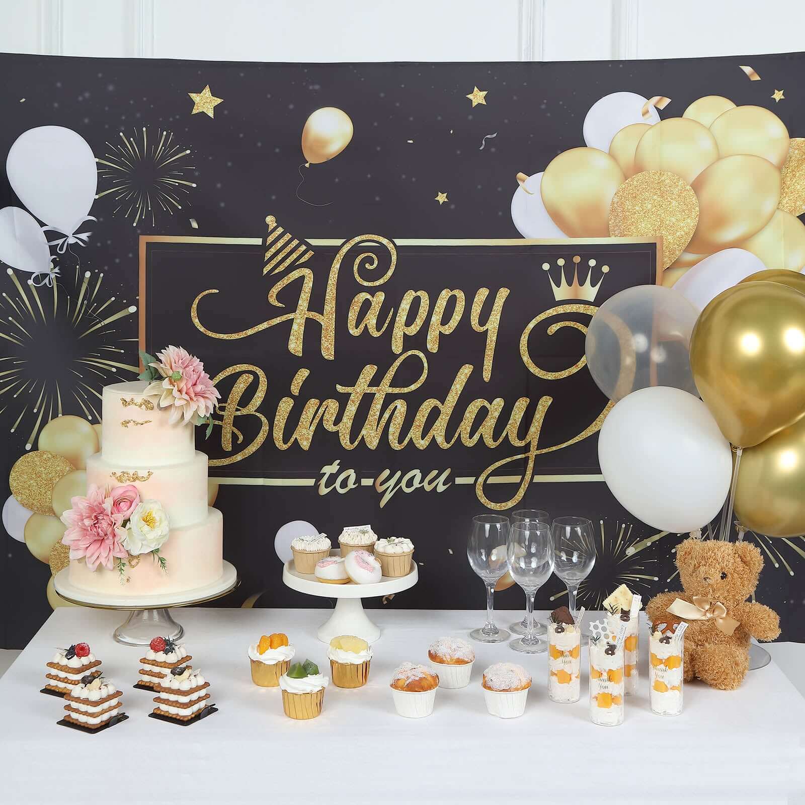 Black / Gold Happy Birthday Photo Booth Backdrop Decoration, Large Polyester Background Banner 6ftx3ft - Image 6