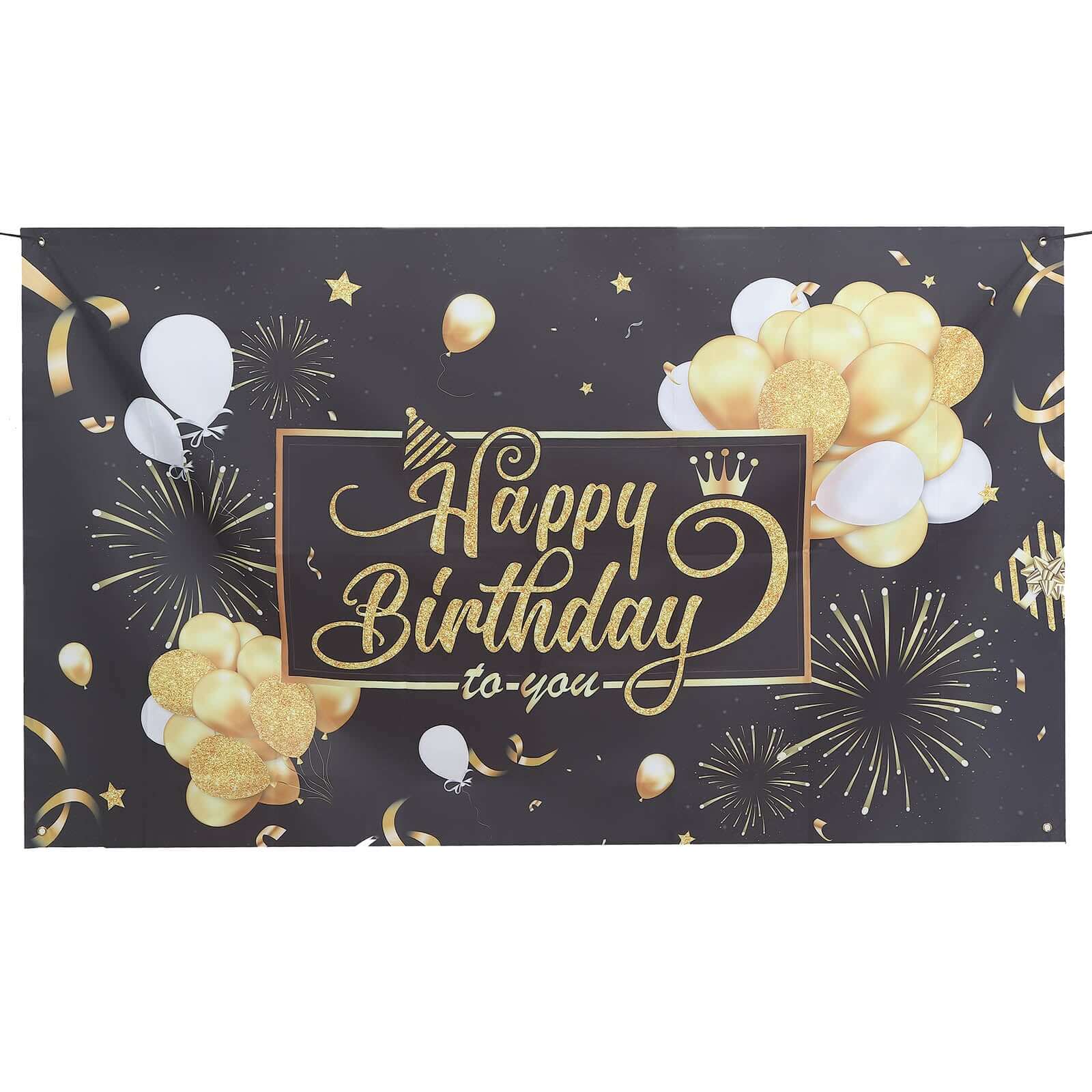 Black / Gold Happy Birthday Photo Booth Backdrop Decoration, Large Polyester Background Banner 6ftx3ft - Image 7