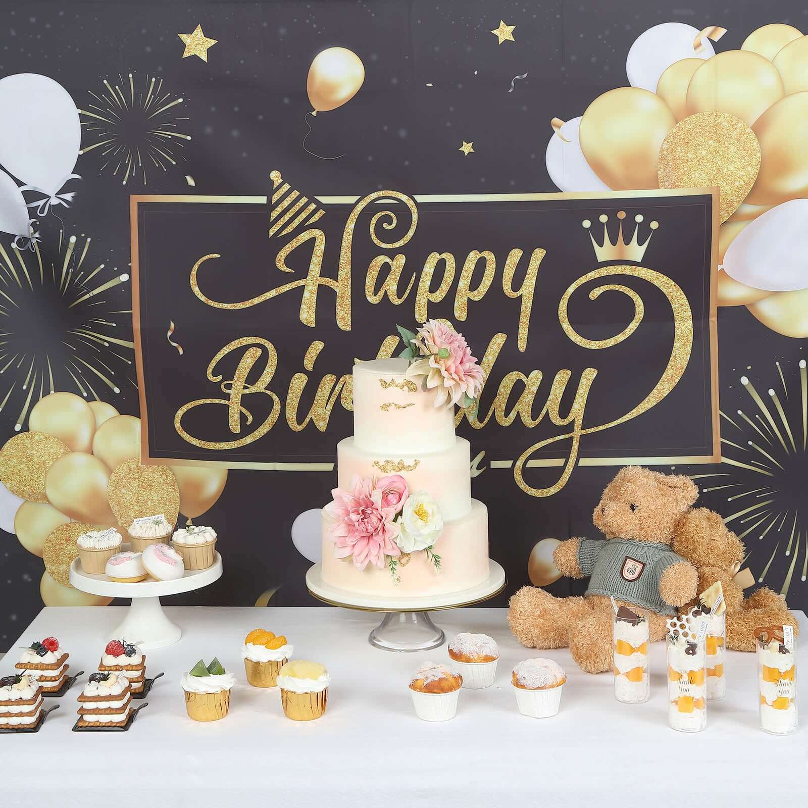 Black / Gold Happy Birthday Photo Booth Backdrop Decoration, Large Polyester Background Banner 6ftx3ft - Image 8