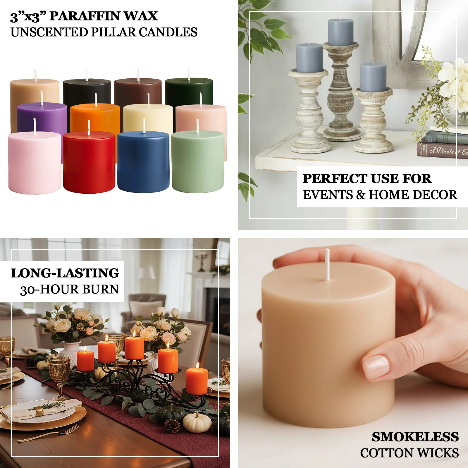 6-Pack Unscented Pillar Candles – Dripless 3"x3" Dusty Sage Green Paraffin Wax with Smokeless Cotton Wicks, Clean & Long-Lasting 30-Hour Burn - Image 4