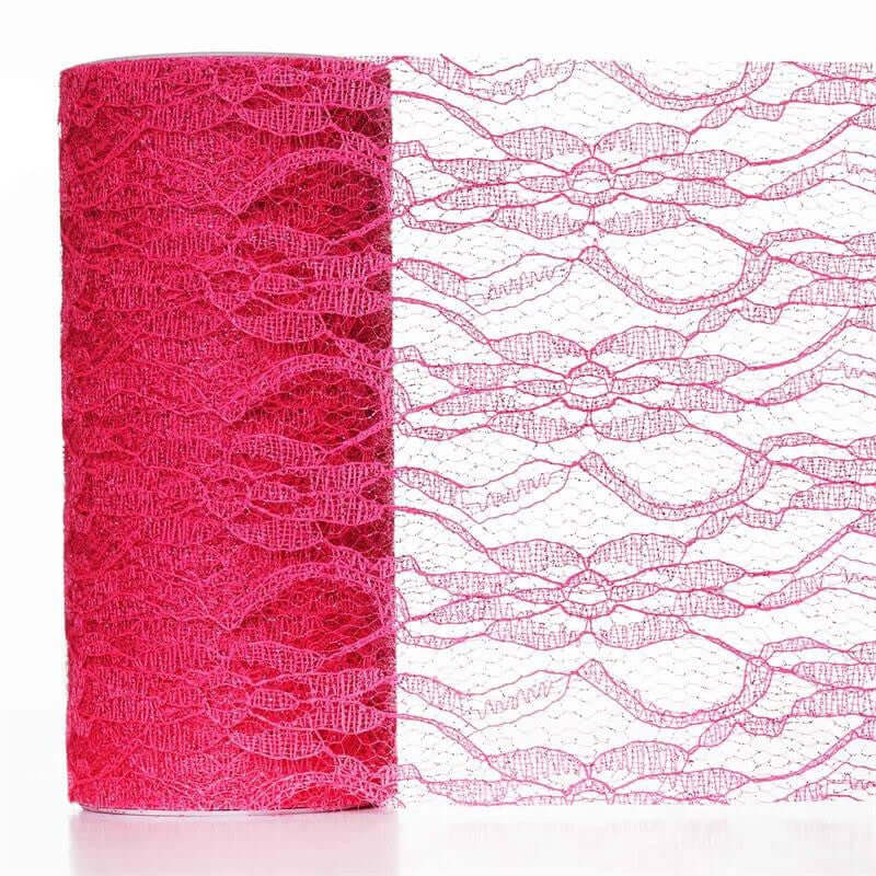 Fuchsia Floral Lace Shimmer Glitter Tulle Fabric Bolt 6"X10 Yards