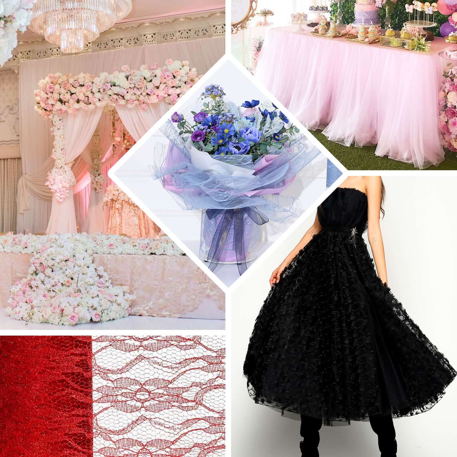 Fuchsia Floral Lace Shimmer Glitter Tulle Fabric Bolt 6"X10 Yards - Image 5