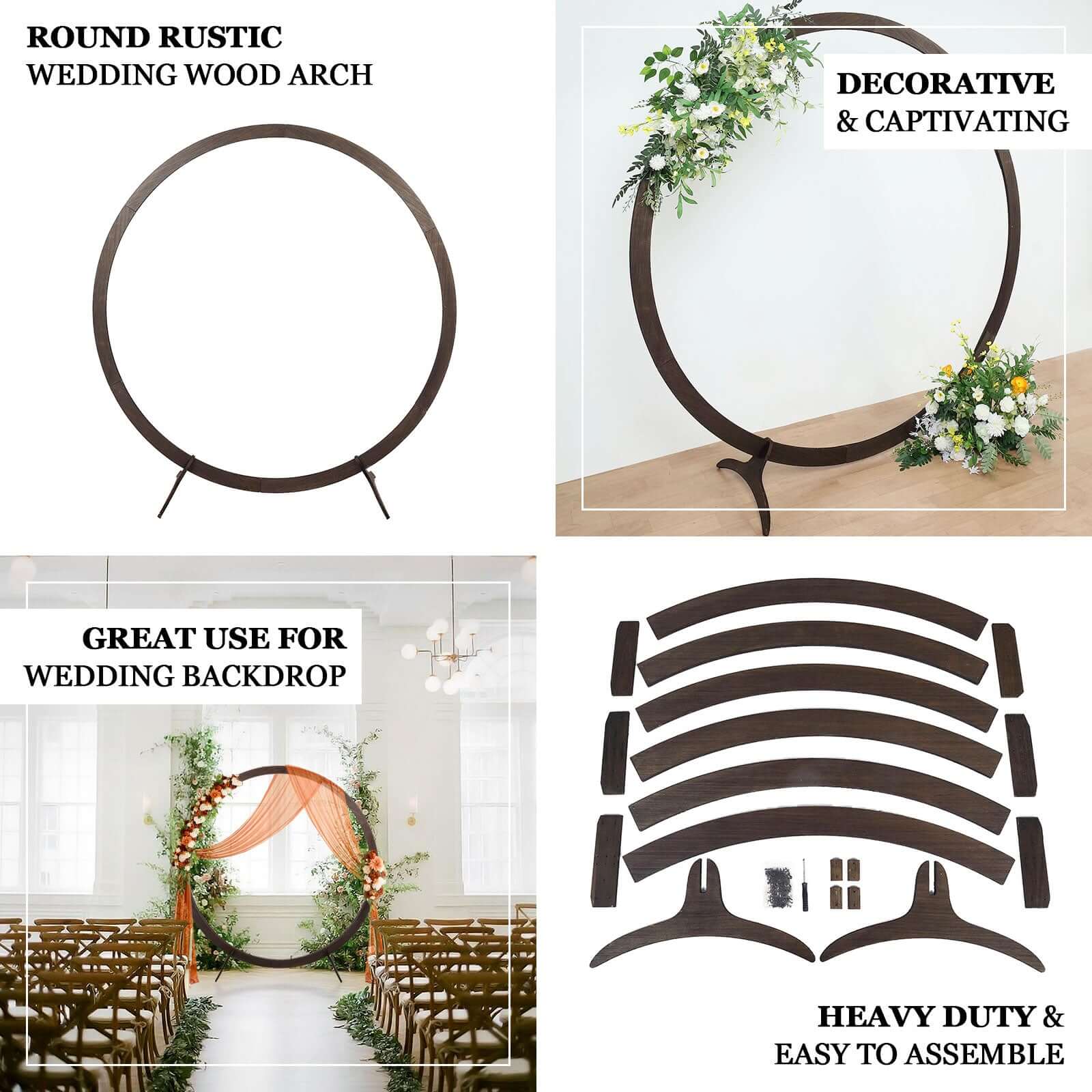 Rustic Natural Brown Wood Wedding Arch Photo Backdrop Stand, DIY Round Event Party Arbor 7.4ft - Image 4