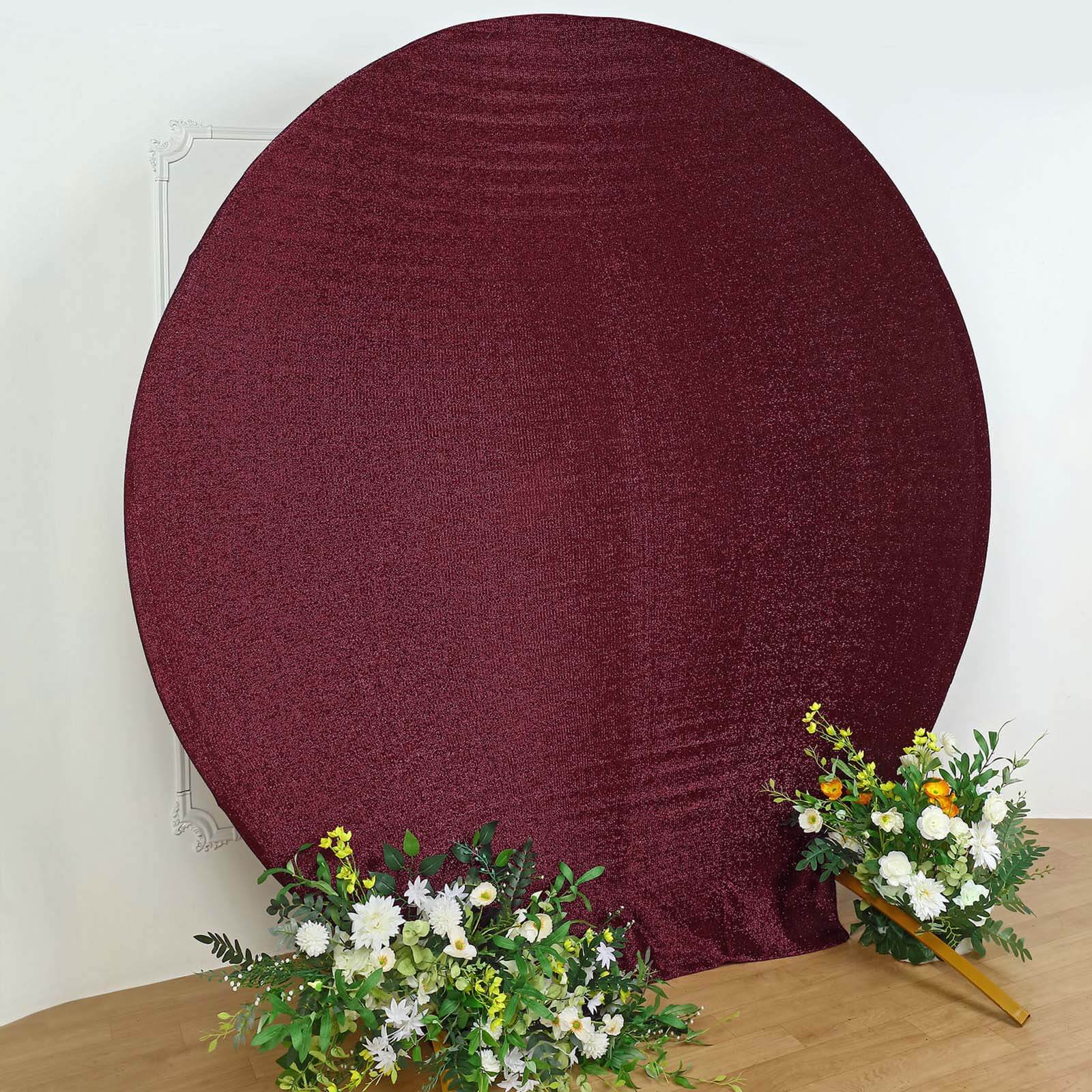 Burgundy Metallic Shimmer Tinsel Spandex Party Photo Backdrop, 2-Sided Round Wedding Arch Cover 7.5ft - Image 7