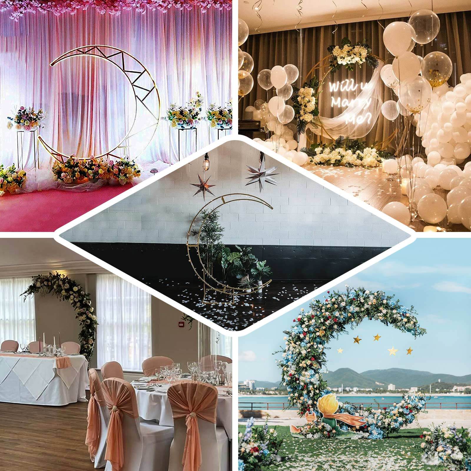 Gold Metal Half Crescent Moon Wedding Arch Flower Stand, Curved Arbor Balloon Frame 7.5ft - Image 5