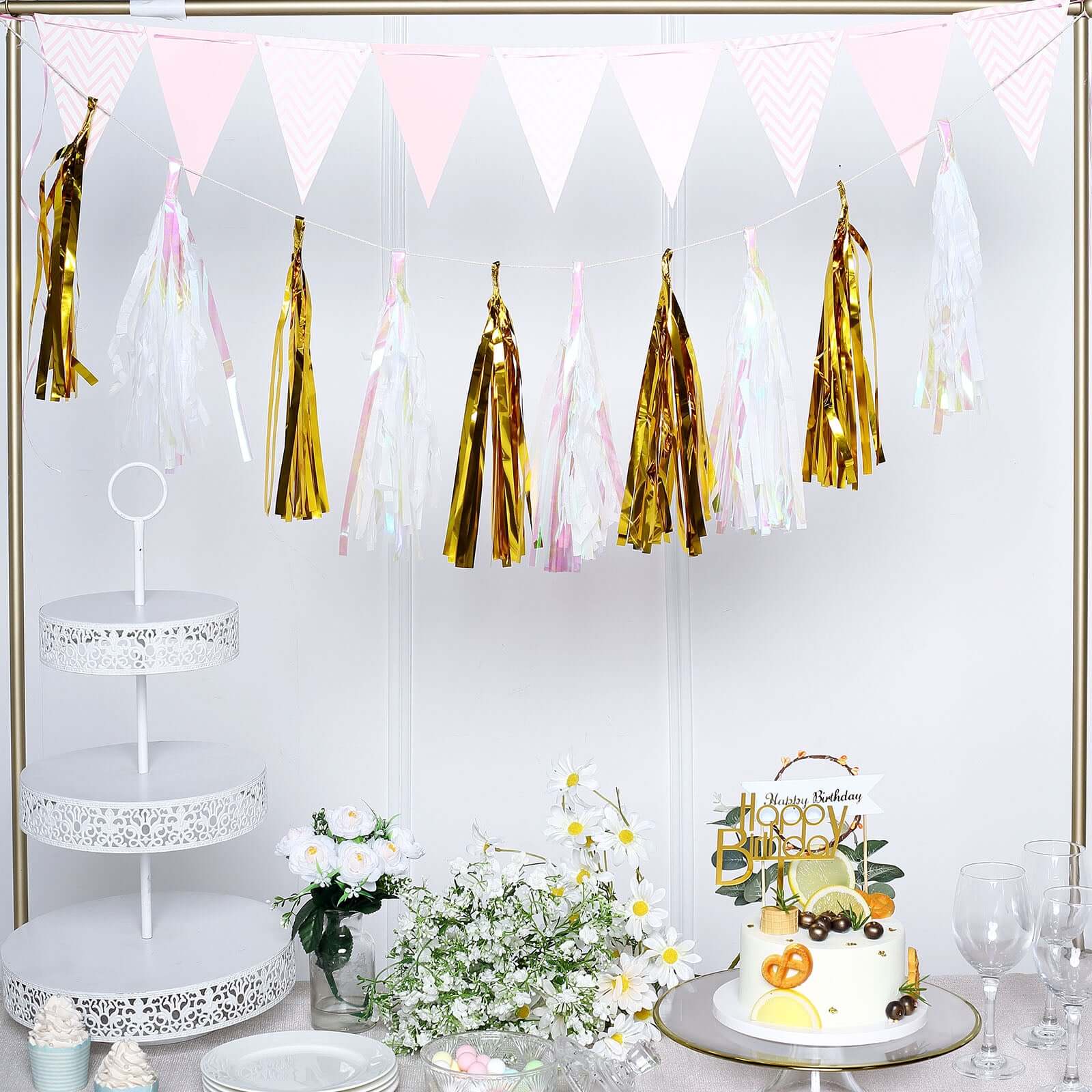 Metallic Gold Foil Tassels Fringe Garland, Tinsel Streamer Party Backdrop Decorations 7.5ft Long - Image 6