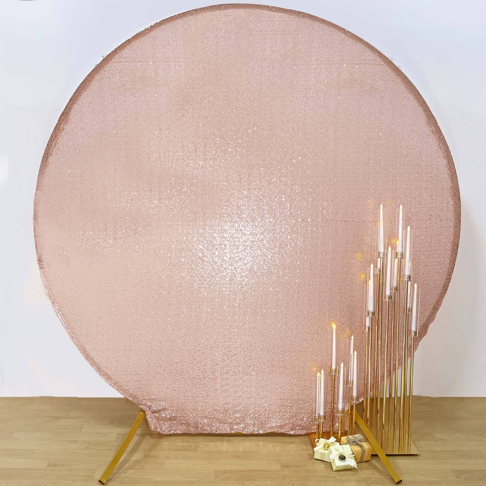 Metallic Blush Sparkle Sequin Photo Backdrop Stand Cover, Shiny Shimmer Round Wedding Arch Cover, 2-Sided Custom Fit 7.5ft