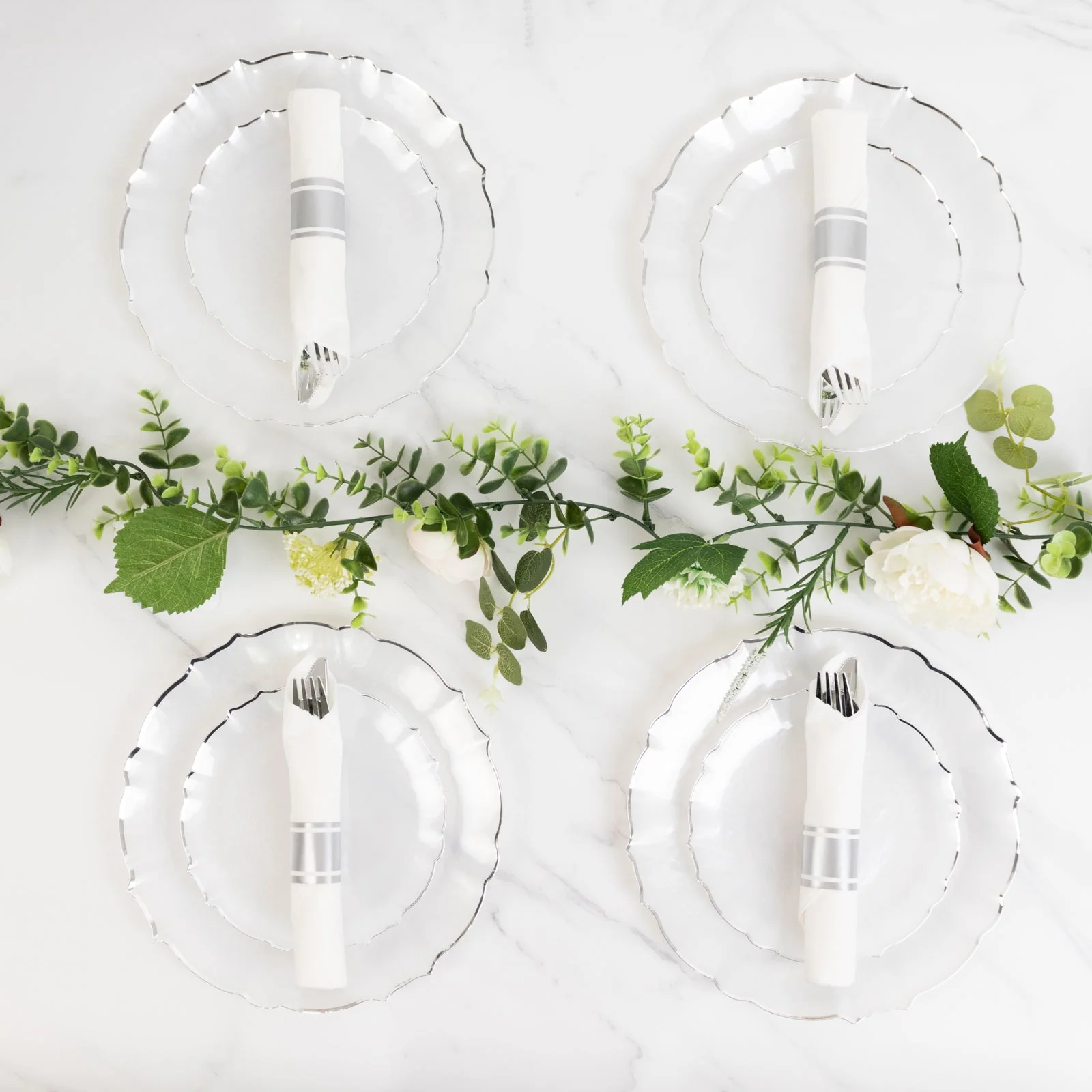 10-Pack Plastic Round Dessert Appetizer Plates 7" Pearl White Sunflower with Silver Scalloped Rim - Disposable Salad Plates for Sophisticated Events & Celebrations - Image 3