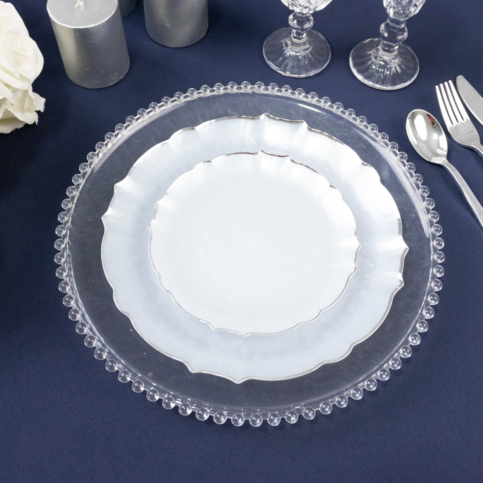 10-Pack Plastic Round Dessert Appetizer Plates 7" Pearl White Sunflower with Silver Scalloped Rim - Disposable Salad Plates for Sophisticated Events & Celebrations - Image 4