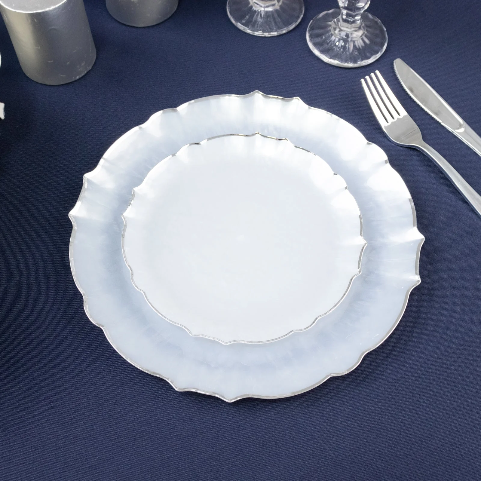 10-Pack Plastic Round Dessert Appetizer Plates 7" Pearl White Sunflower with Silver Scalloped Rim - Disposable Salad Plates for Sophisticated Events & Celebrations - Image 7