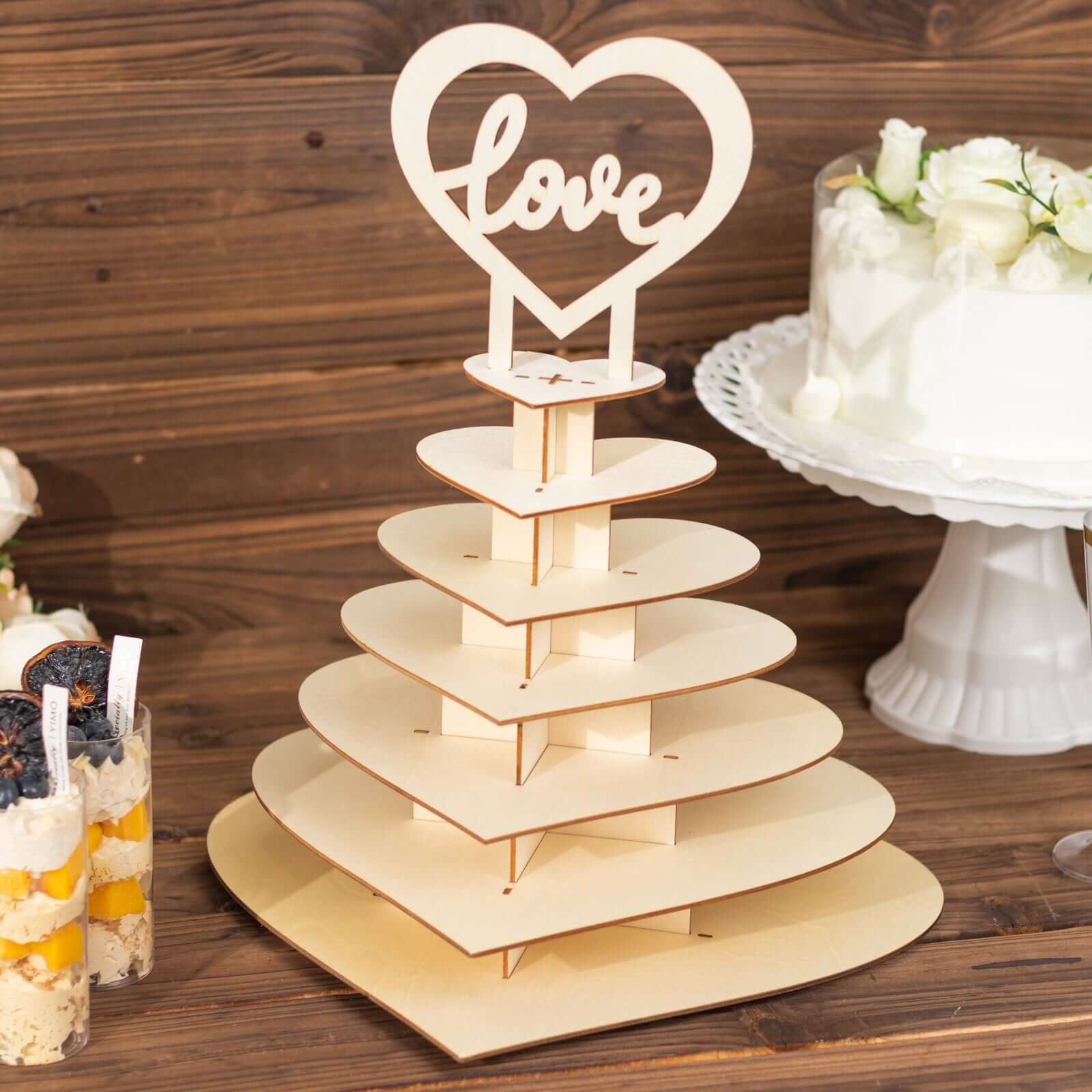 7-Tier Wooden Chocolate Display Stand 16" Heart Shape Natural with "Love" Topper - DIY Dessert Table Tower Rack - Image 13