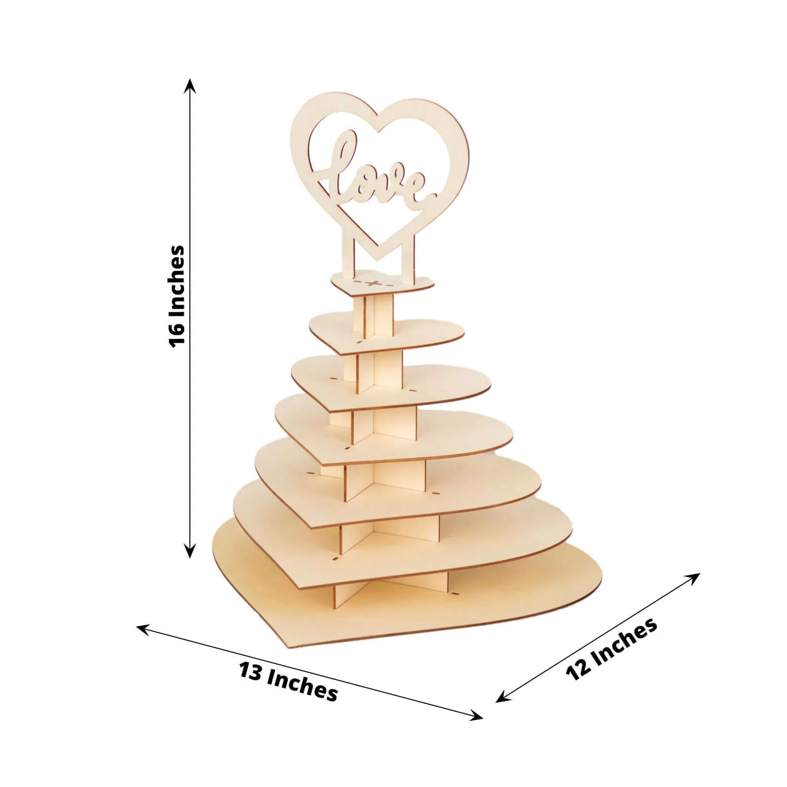 7-Tier Wooden Chocolate Display Stand 16" Heart Shape Natural with "Love" Topper - DIY Dessert Table Tower Rack - Image 3