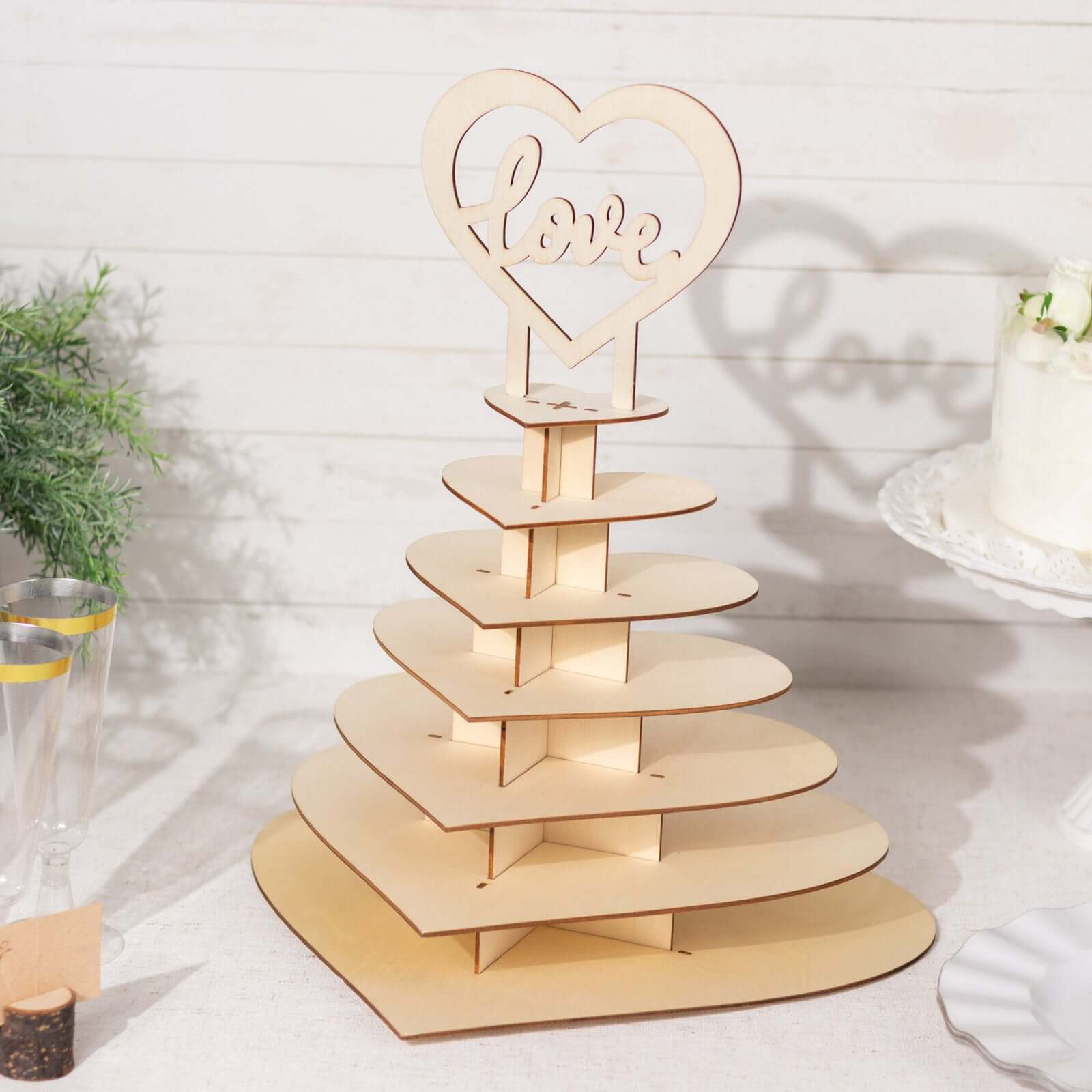 7-Tier Wooden Chocolate Display Stand 16" Heart Shape Natural with "Love" Topper - DIY Dessert Table Tower Rack - Image 9