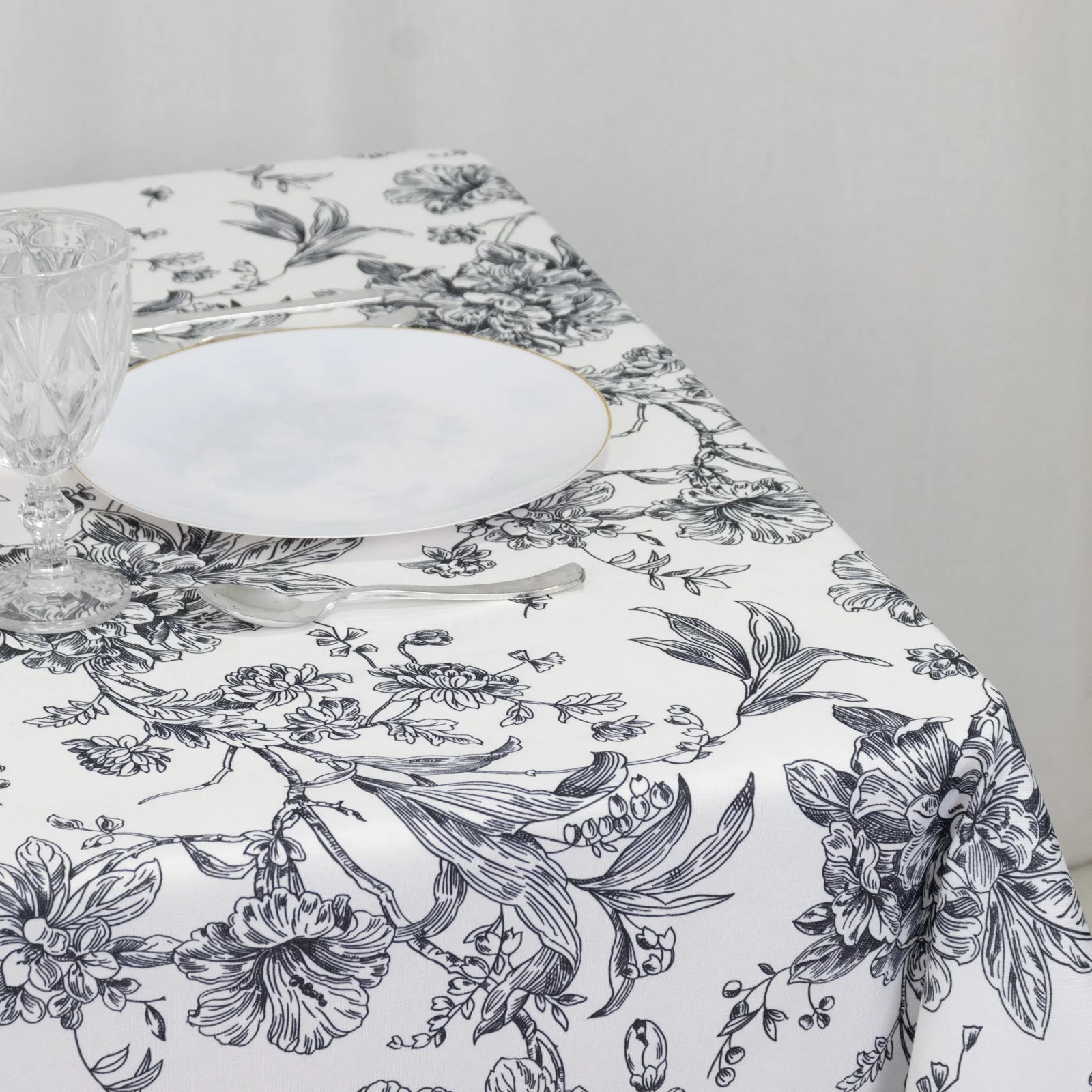 Polyester Square Tablecloth 70"x70" White with Black French Toile Pattern - Sophisticated Table Cover for Chic Weddings & Events - Image 4