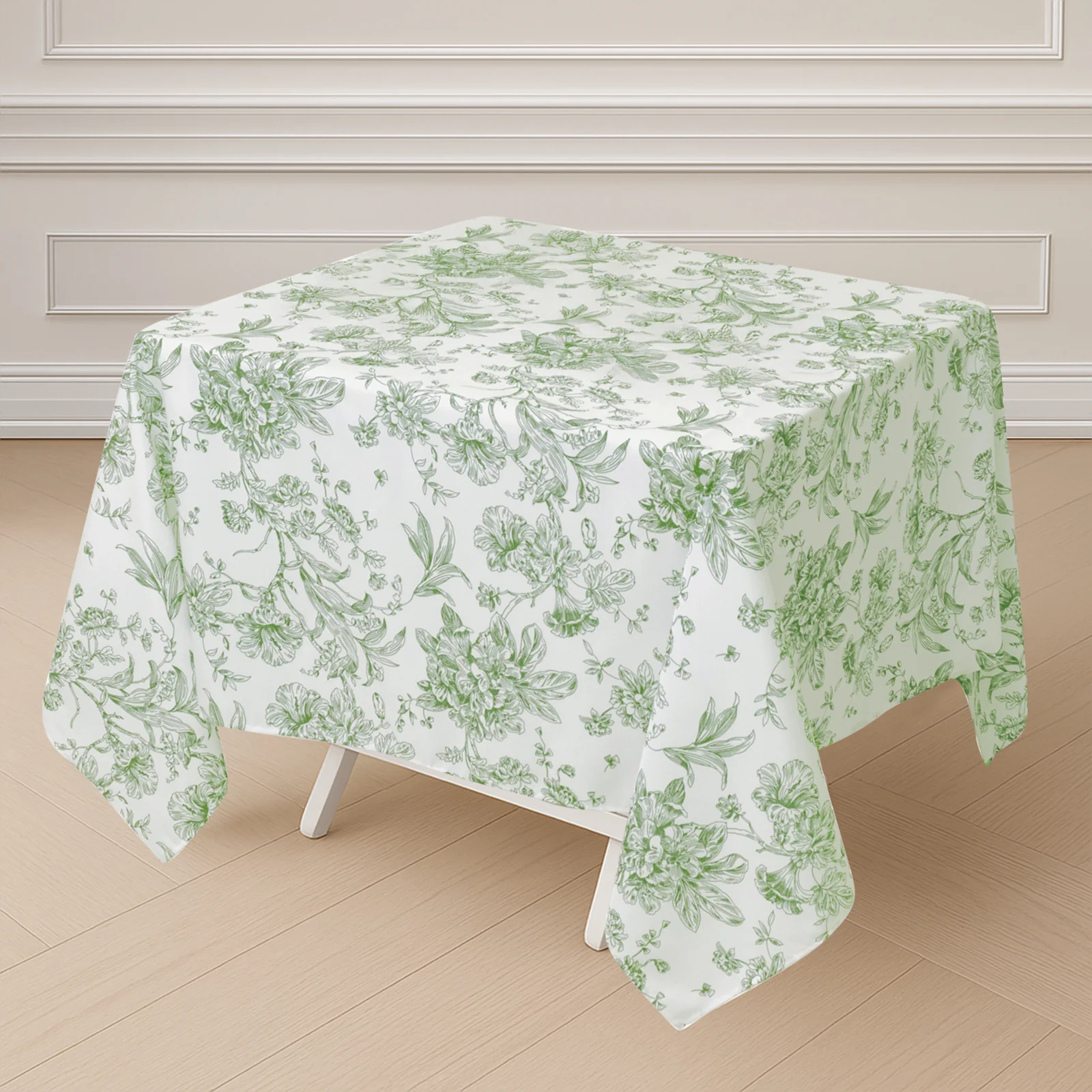 Polyester Square Tablecloth 70"x70" White with Dusty Sage Green French Toile Pattern - Sophisticated Table Cover for Chic Weddings & Events