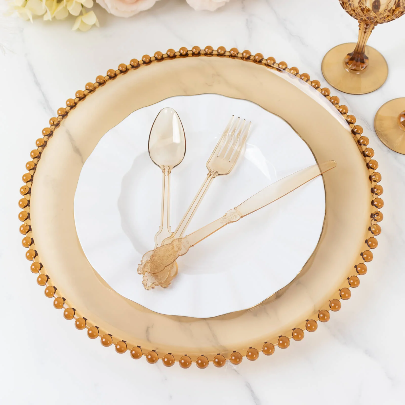 72 Pcs Plastic Silverware Set Amber Gold in Baroque Style - Heavy Duty Disposable Knife, Fork, and Spoon Set - Image 7