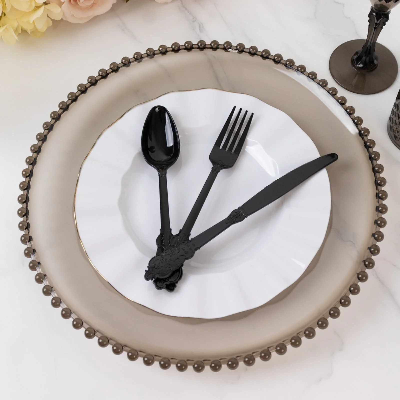 72 Pcs Plastic Silverware Set Black in Baroque Style - Heavy Duty Disposable Knife, Fork, and Spoon Set - Image 2