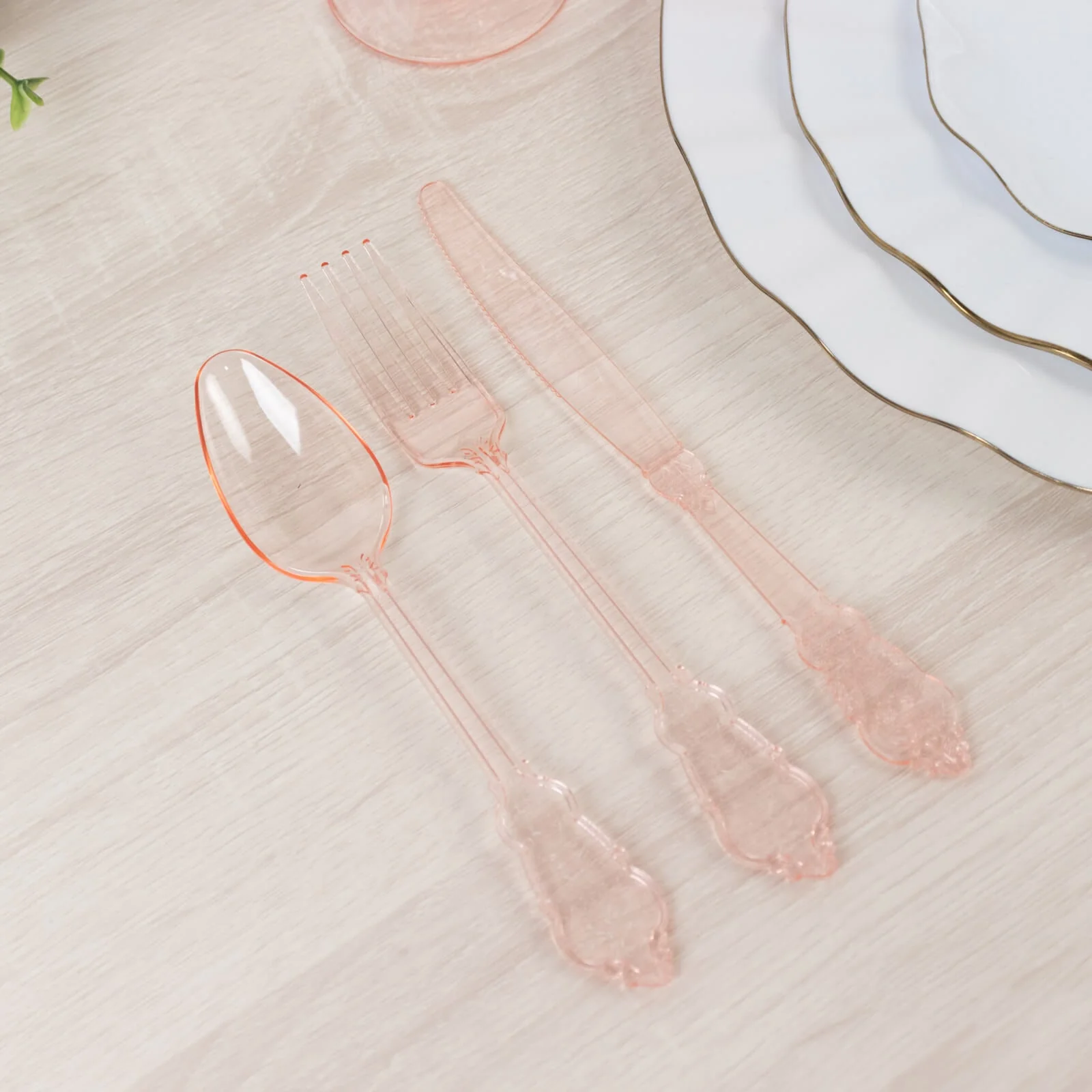 72 Pcs Plastic Silverware Set Transparent Blush in Baroque Style - Heavy Duty Disposable Knife, Fork, and Spoon Set - Image 2