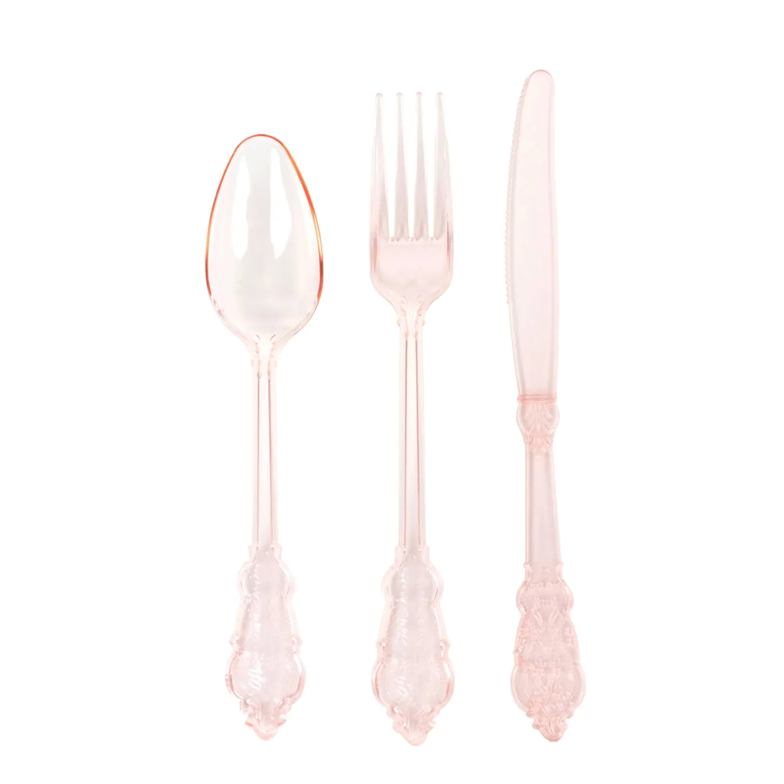 72 Pcs Plastic Silverware Set Transparent Blush in Baroque Style - Heavy Duty Disposable Knife, Fork, and Spoon Set - Image 6
