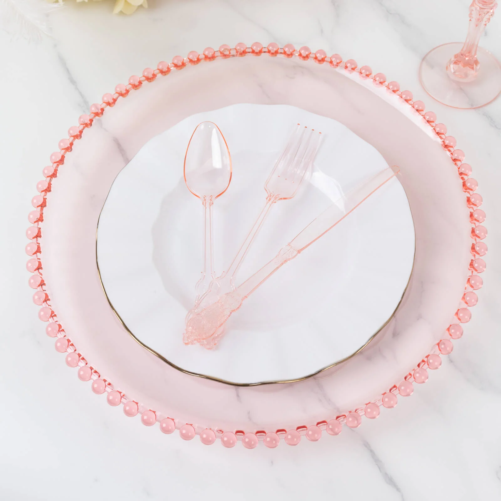 72 Pcs Plastic Silverware Set Transparent Blush in Baroque Style - Heavy Duty Disposable Knife, Fork, and Spoon Set - Image 7