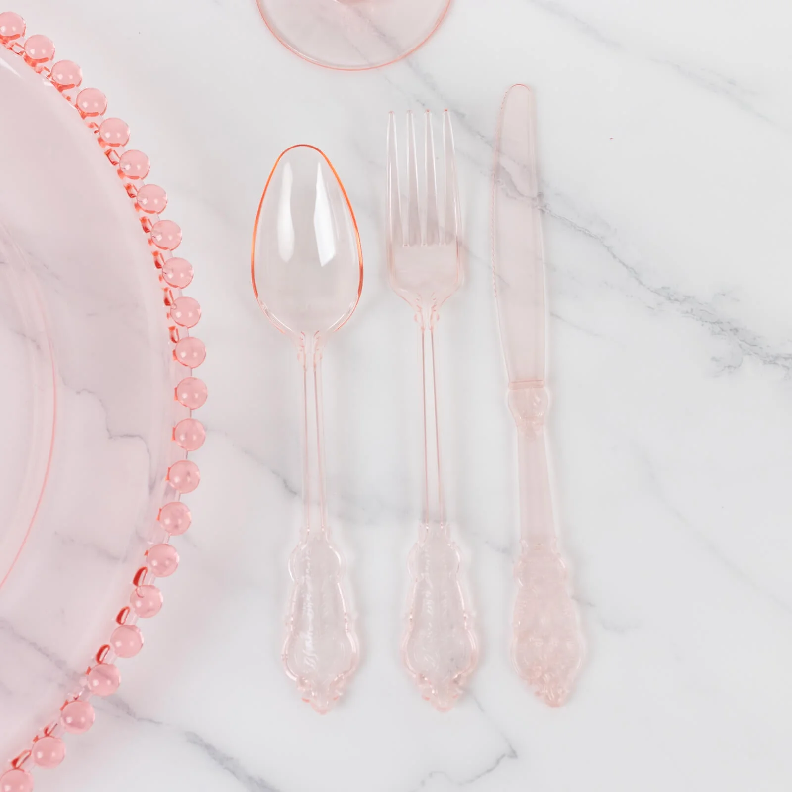 72 Pcs Plastic Silverware Set Transparent Blush in Baroque Style - Heavy Duty Disposable Knife, Fork, and Spoon Set - Image 9
