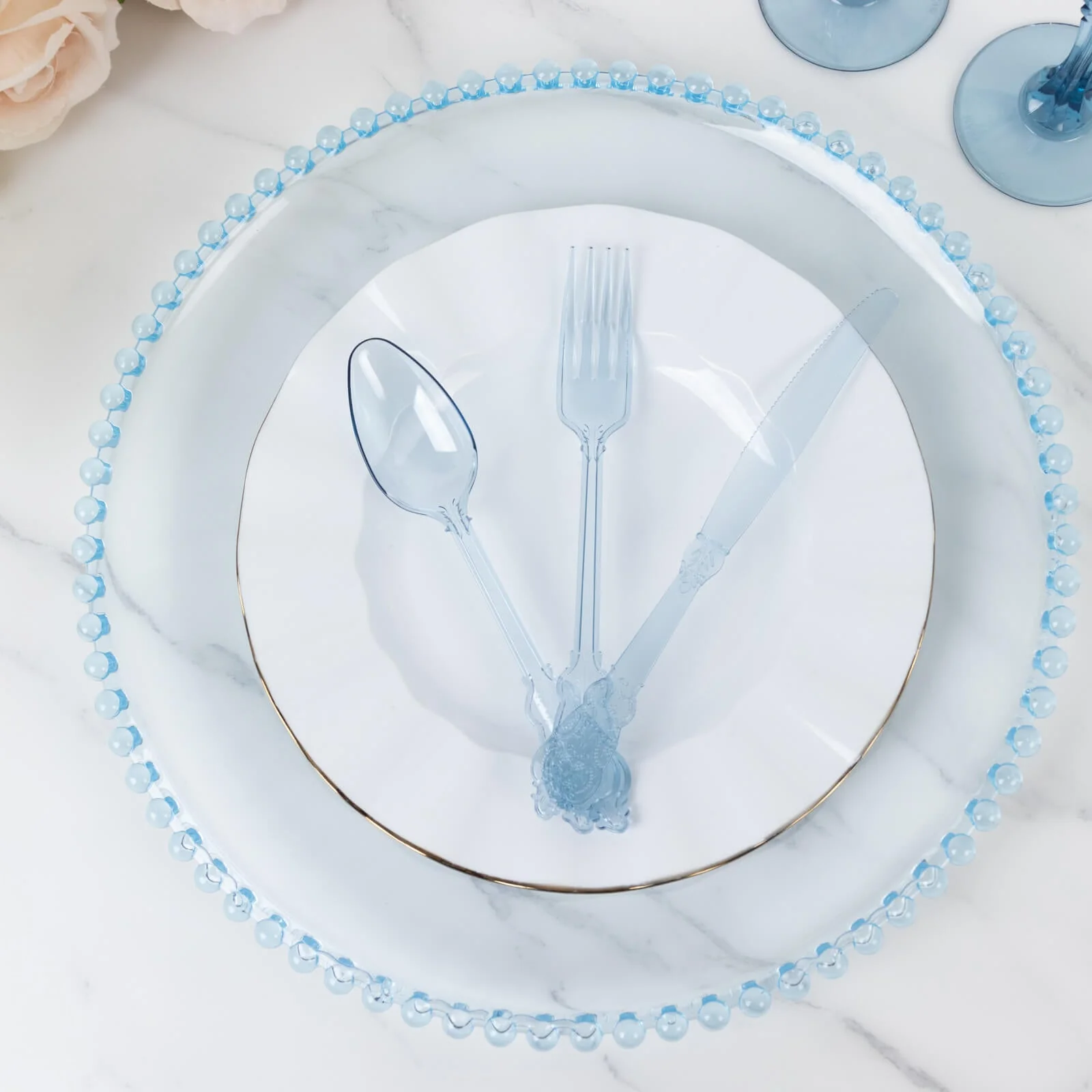 72 Pcs Plastic Silverware Set Transparent Dusty Blue in Baroque Style - Heavy Duty Disposable Knife, Fork, and Spoon Set - Image 7